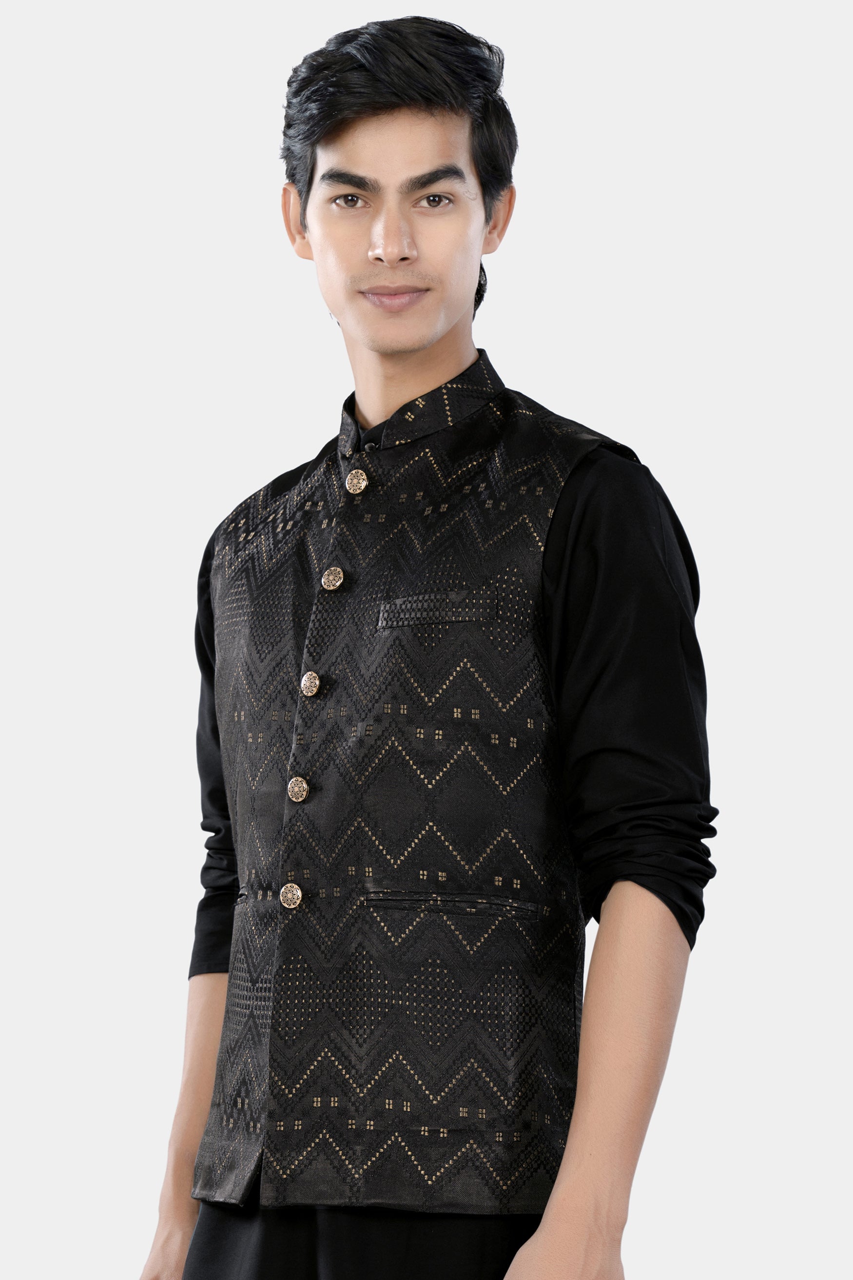 Jade Black and Sandrift Brown Chevron Thread Embroidered Designer Nehru Jacket WC3465-36, WC3465-38, WC3465-40, WC3465-42, WC3465-44, WC3465-46, WC3465-48, WC3465-50, WC3465-52, WC3465-54, WC3465-56, WC3465-58, WC3465-60