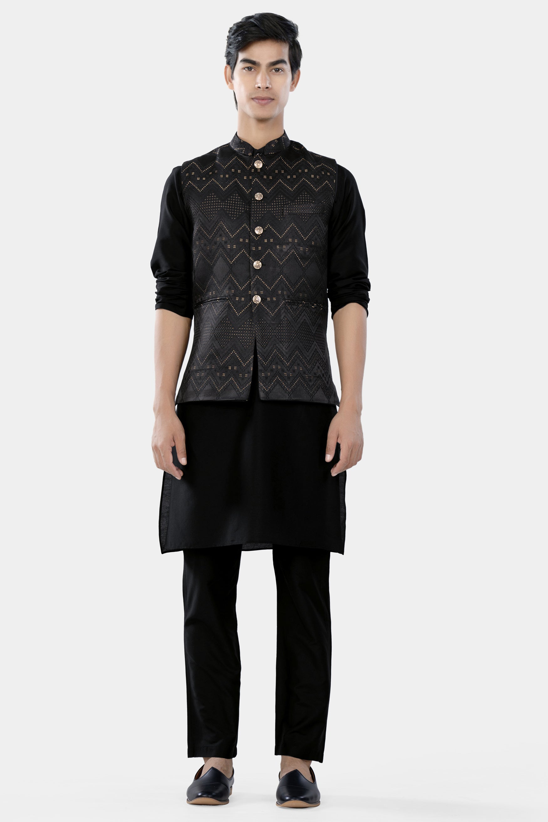 Jade Black and Sandrift Brown Chevron Thread Embroidered Designer Nehru Jacket WC3465-36, WC3465-38, WC3465-40, WC3465-42, WC3465-44, WC3465-46, WC3465-48, WC3465-50, WC3465-52, WC3465-54, WC3465-56, WC3465-58, WC3465-60