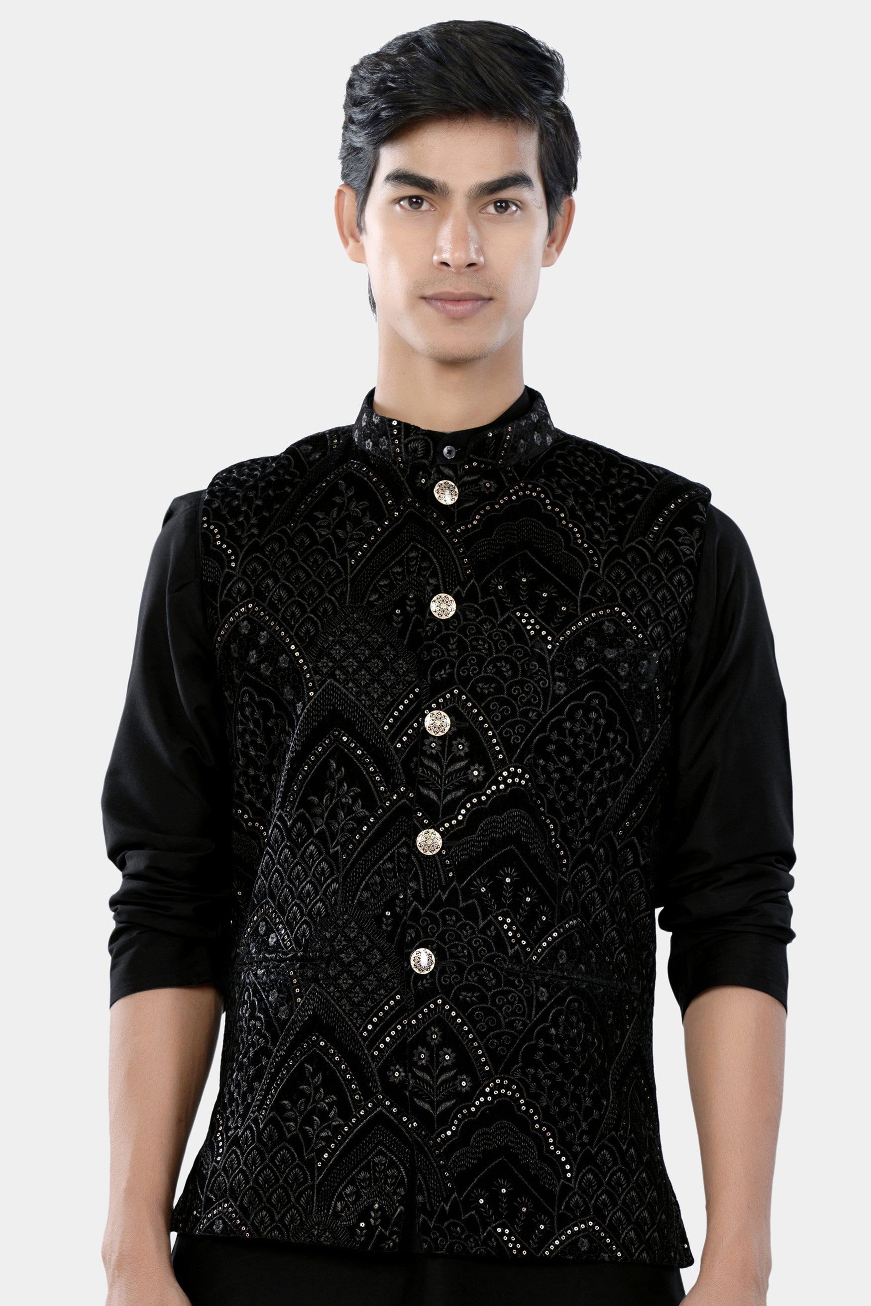 Jade Black Floral Sequin and Thread Embroidered Designer Nehru Jacket WC3466-36, WC3466-38, WC3466-40, WC3466-42, WC3466-44, WC3466-46, WC3466-48, WC3466-50, WC3466-52, WC3466-54, WC3466-56, WC3466-58, WC3466-60