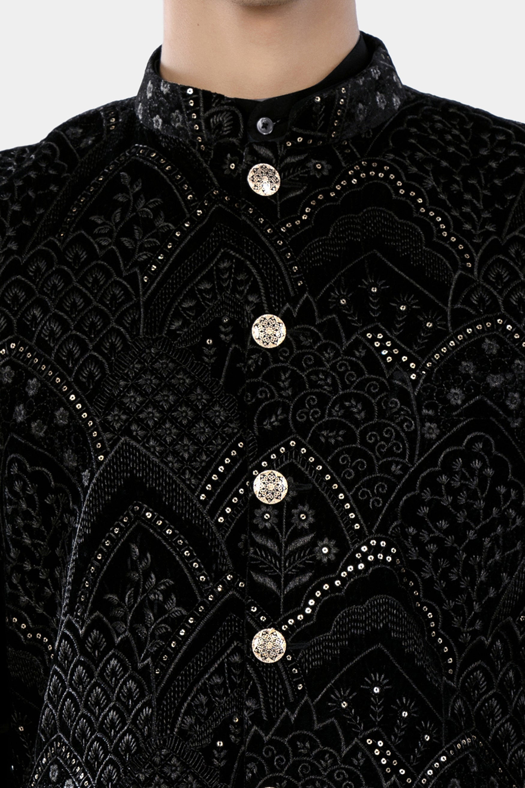 Jade Black Floral Sequin and Thread Embroidered Designer Nehru Jacket WC3466-36, WC3466-38, WC3466-40, WC3466-42, WC3466-44, WC3466-46, WC3466-48, WC3466-50, WC3466-52, WC3466-54, WC3466-56, WC3466-58, WC3466-60
