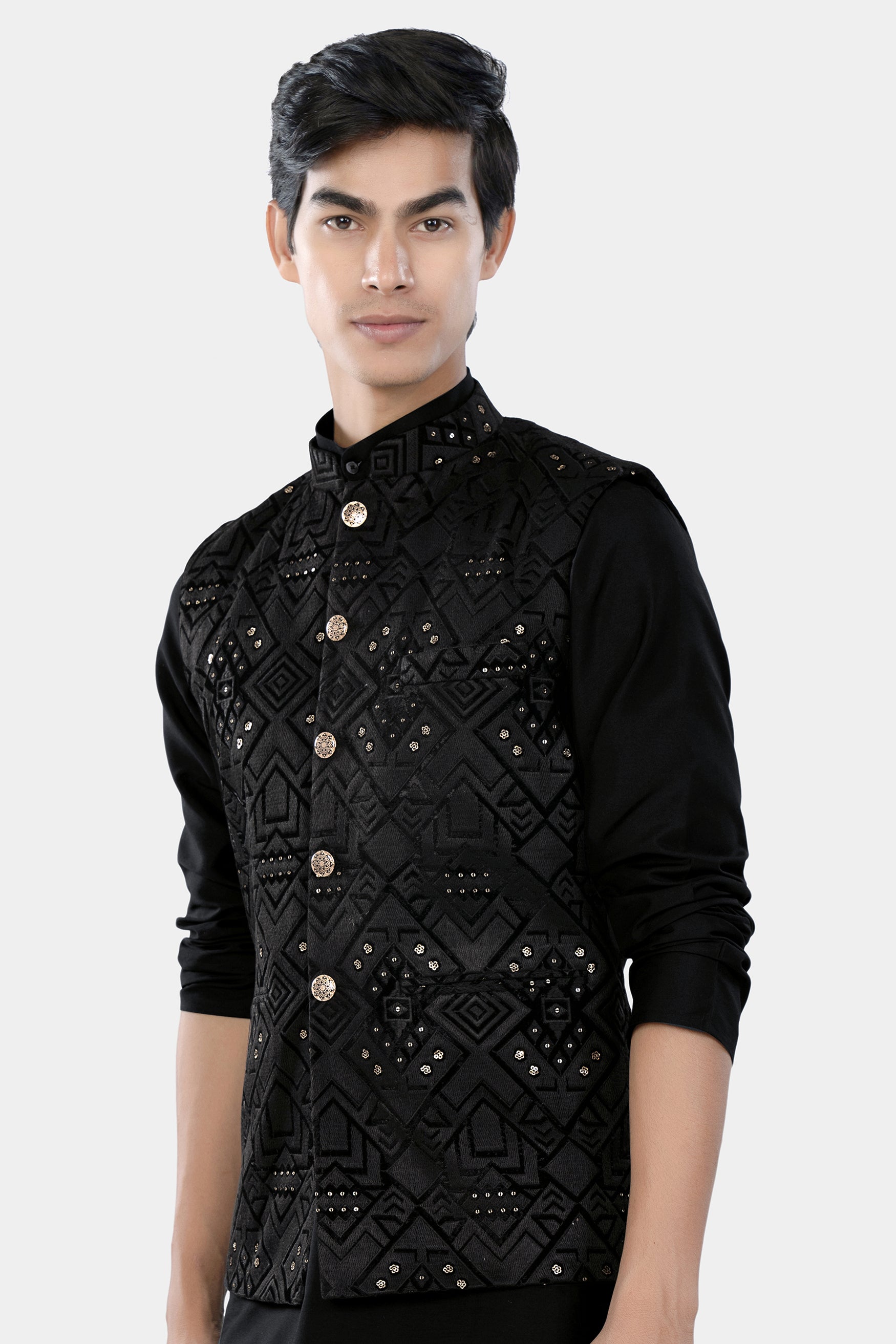 Jade Black Floral Sequin and Thread Embroidered Designer Nehru Jacket WC3466-36, WC3466-38, WC3466-40, WC3466-42, WC3466-44, WC3466-46, WC3466-48, WC3466-50, WC3466-52, WC3466-54, WC3466-56, WC3466-58, WC3466-60