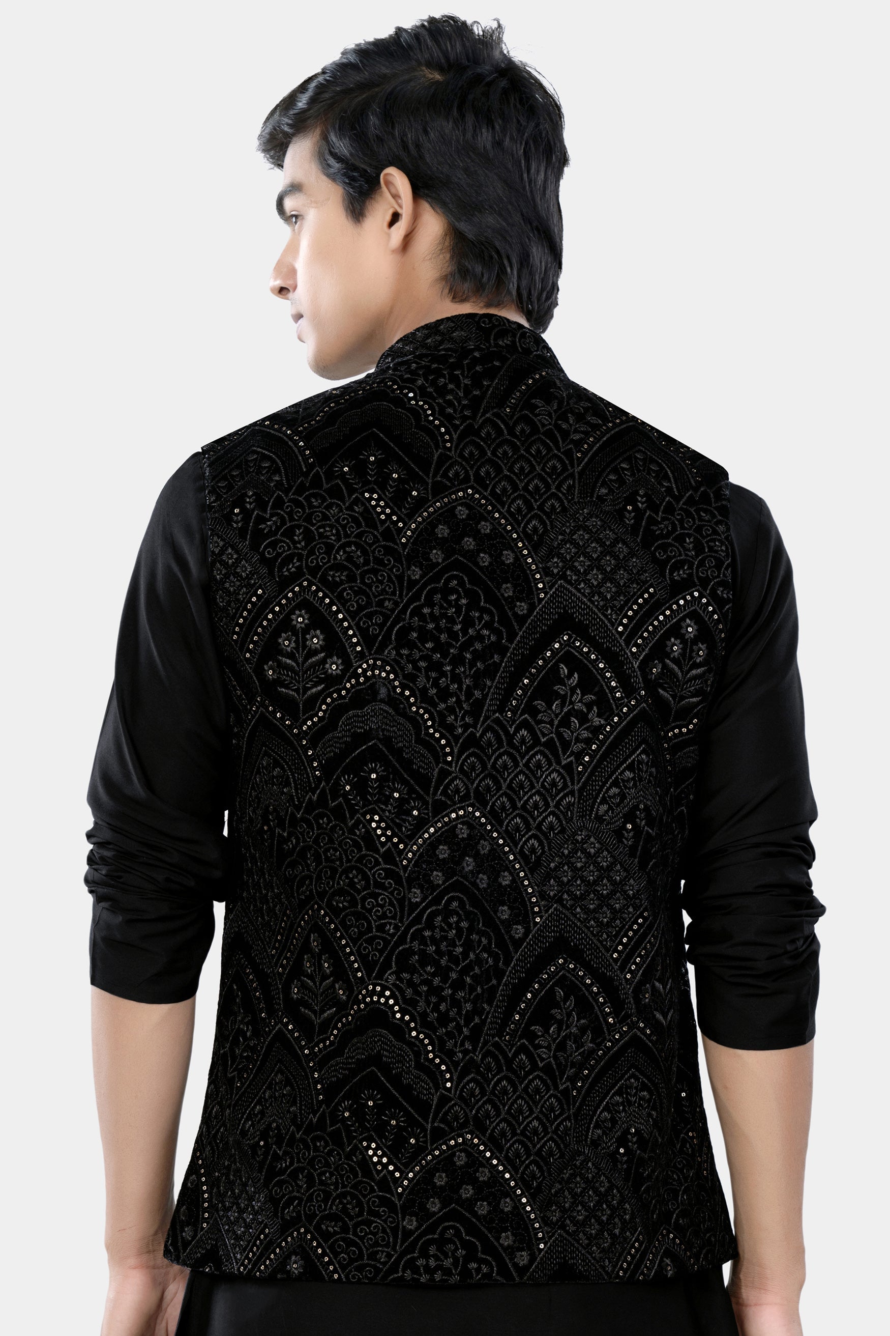 Jade Black Floral Sequin and Thread Embroidered Designer Nehru Jacket WC3466-36, WC3466-38, WC3466-40, WC3466-42, WC3466-44, WC3466-46, WC3466-48, WC3466-50, WC3466-52, WC3466-54, WC3466-56, WC3466-58, WC3466-60