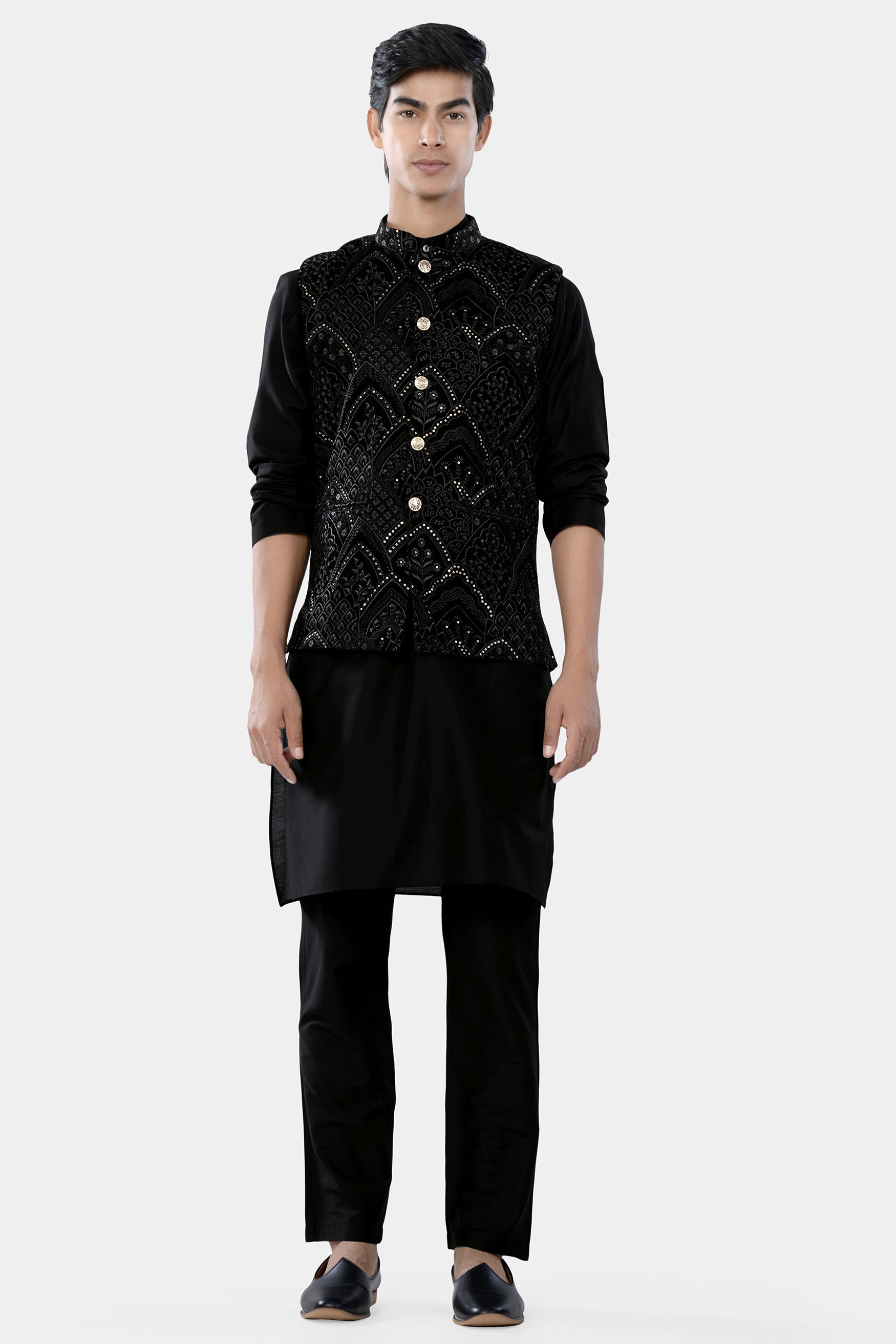 Jade Black Floral Sequin and Thread Embroidered Designer Nehru Jacket WC3466-36, WC3466-38, WC3466-40, WC3466-42, WC3466-44, WC3466-46, WC3466-48, WC3466-50, WC3466-52, WC3466-54, WC3466-56, WC3466-58, WC3466-60