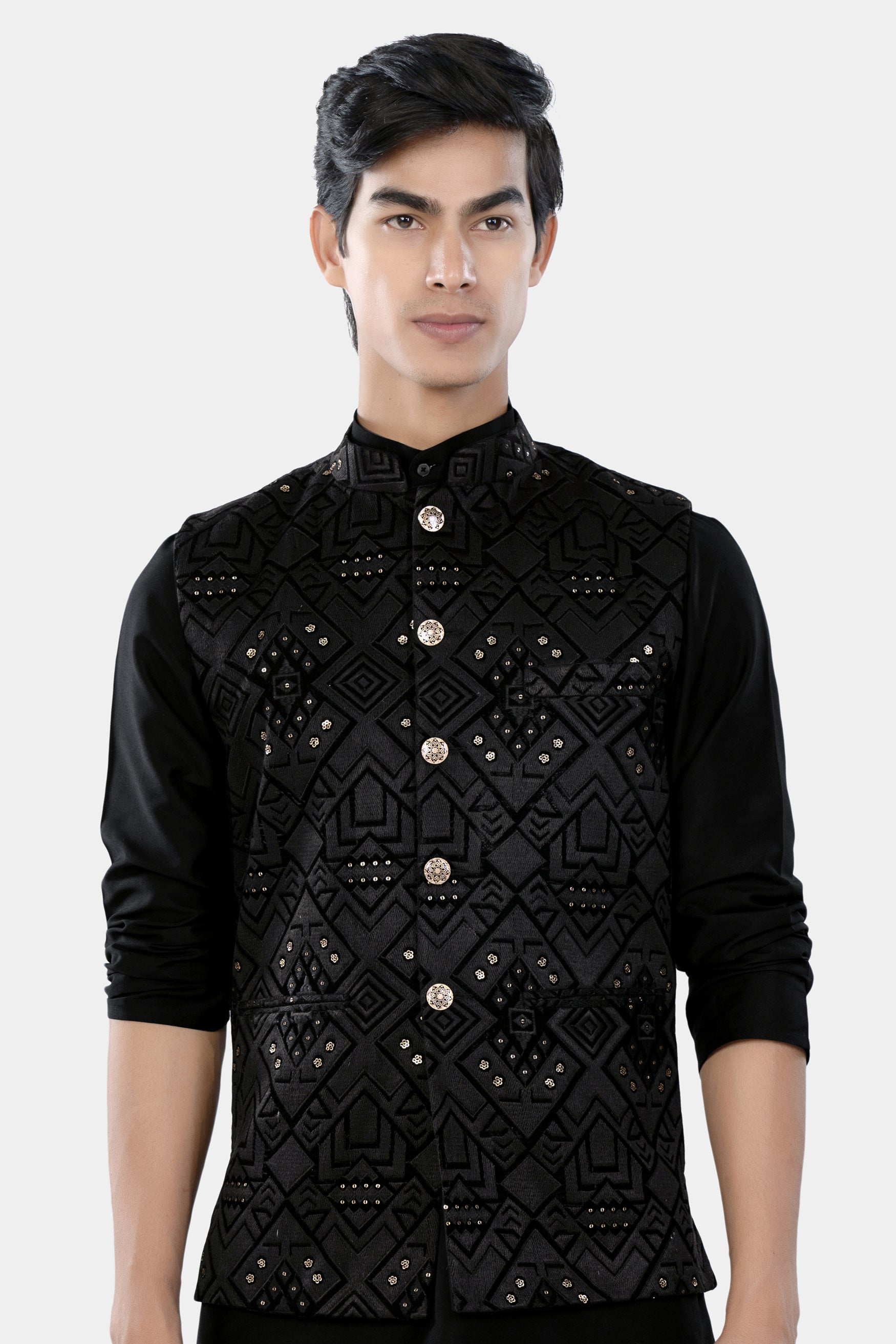Jade Black Geometric Sequin and Thread Embroidered Designer Nehru Jacket WC3467-36, WC3467-38, WC3467-40, WC3467-42, WC3467-44, WC3467-46, WC3467-48, WC3467-50, WC3467-52, WC3467-54, WC3467-56, WC3467-58, WC3467-60