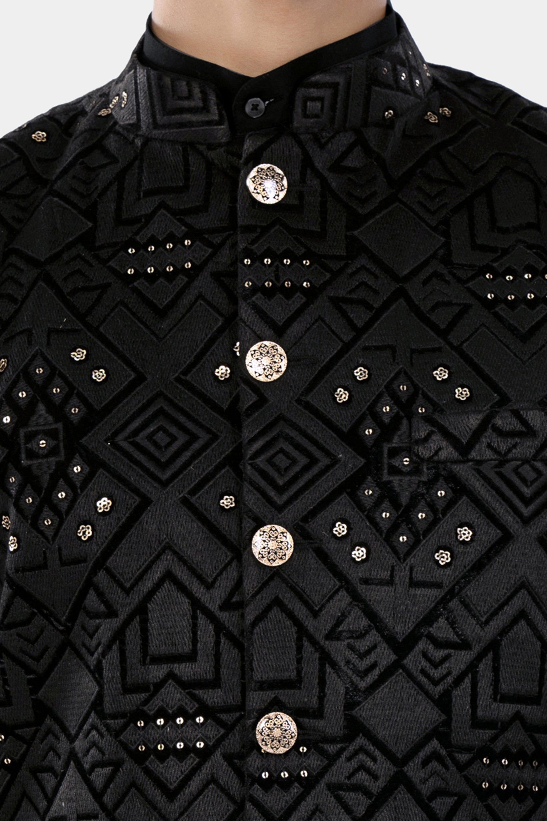 Jade Black Geometric Sequin and Thread Embroidered Designer Nehru Jacket WC3467-36, WC3467-38, WC3467-40, WC3467-42, WC3467-44, WC3467-46, WC3467-48, WC3467-50, WC3467-52, WC3467-54, WC3467-56, WC3467-58, WC3467-60