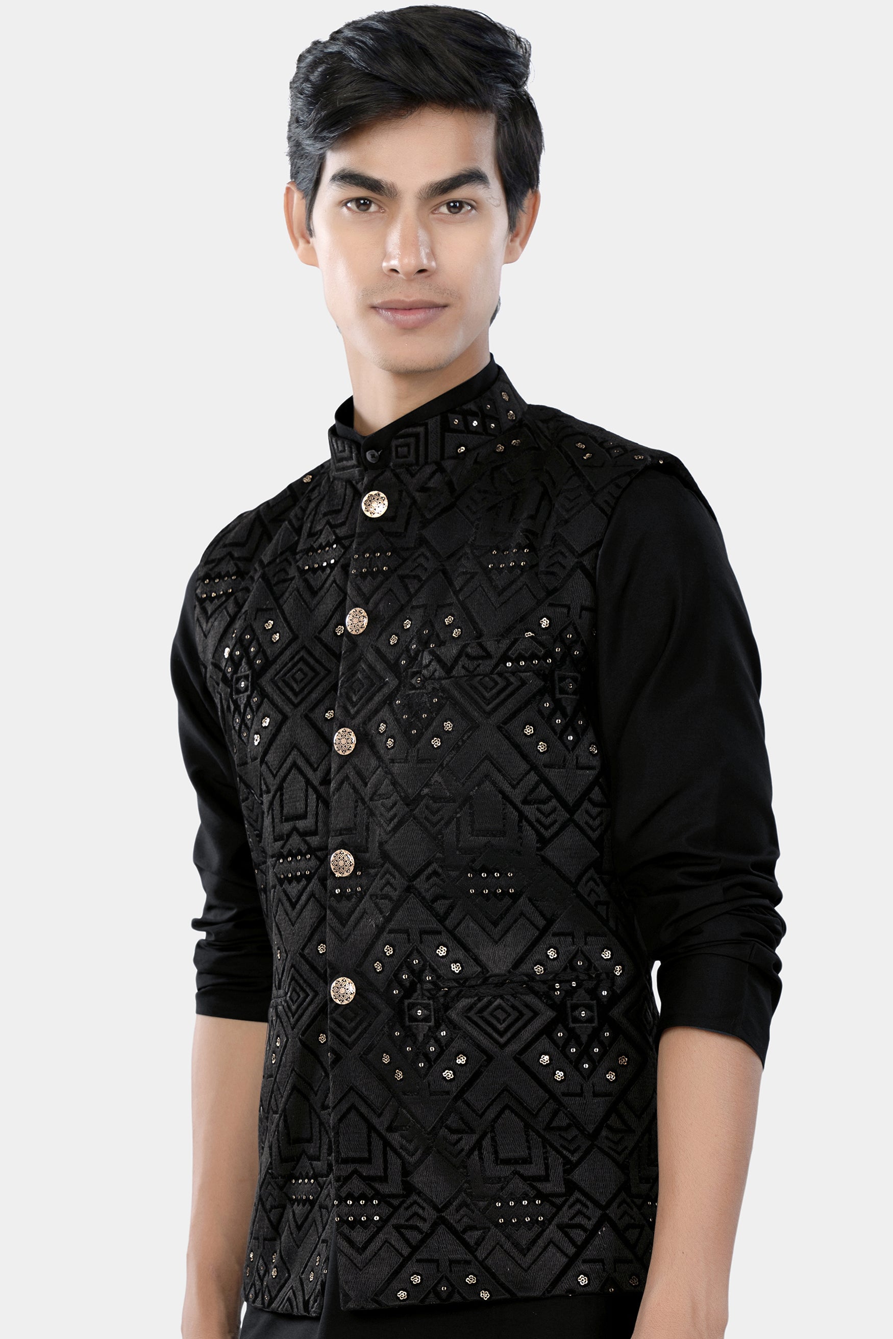 Jade Black Geometric Sequin and Thread Embroidered Designer Nehru Jacket WC3467-36, WC3467-38, WC3467-40, WC3467-42, WC3467-44, WC3467-46, WC3467-48, WC3467-50, WC3467-52, WC3467-54, WC3467-56, WC3467-58, WC3467-60