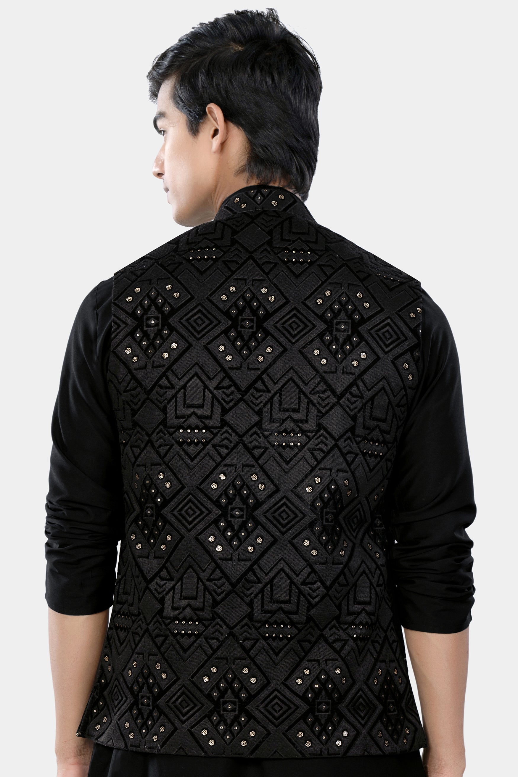 Jade Black Geometric Sequin and Thread Embroidered Designer Nehru Jacket WC3467-36, WC3467-38, WC3467-40, WC3467-42, WC3467-44, WC3467-46, WC3467-48, WC3467-50, WC3467-52, WC3467-54, WC3467-56, WC3467-58, WC3467-60