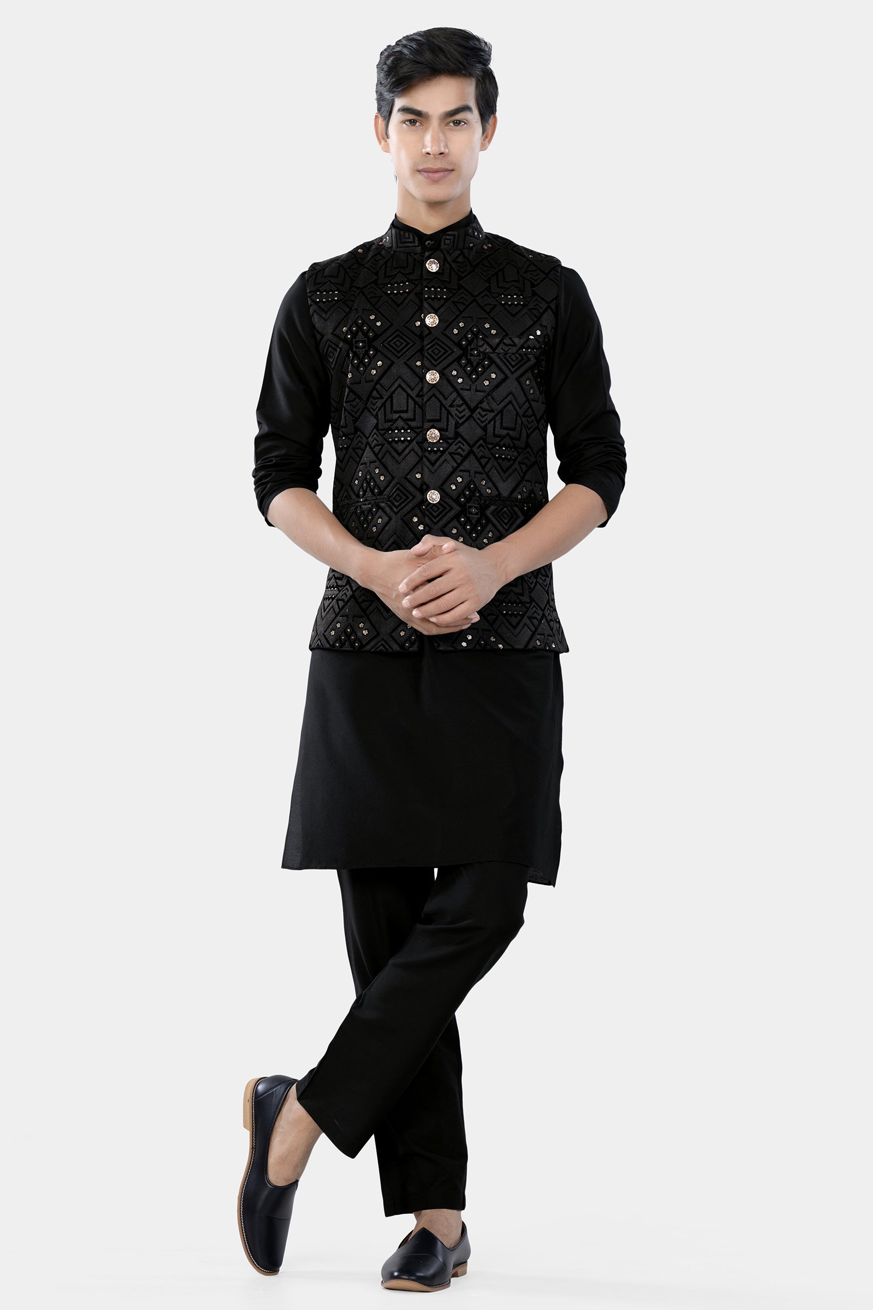 Jade Black Geometric Sequin and Thread Embroidered Designer Nehru Jacket WC3467-36, WC3467-38, WC3467-40, WC3467-42, WC3467-44, WC3467-46, WC3467-48, WC3467-50, WC3467-52, WC3467-54, WC3467-56, WC3467-58, WC3467-60