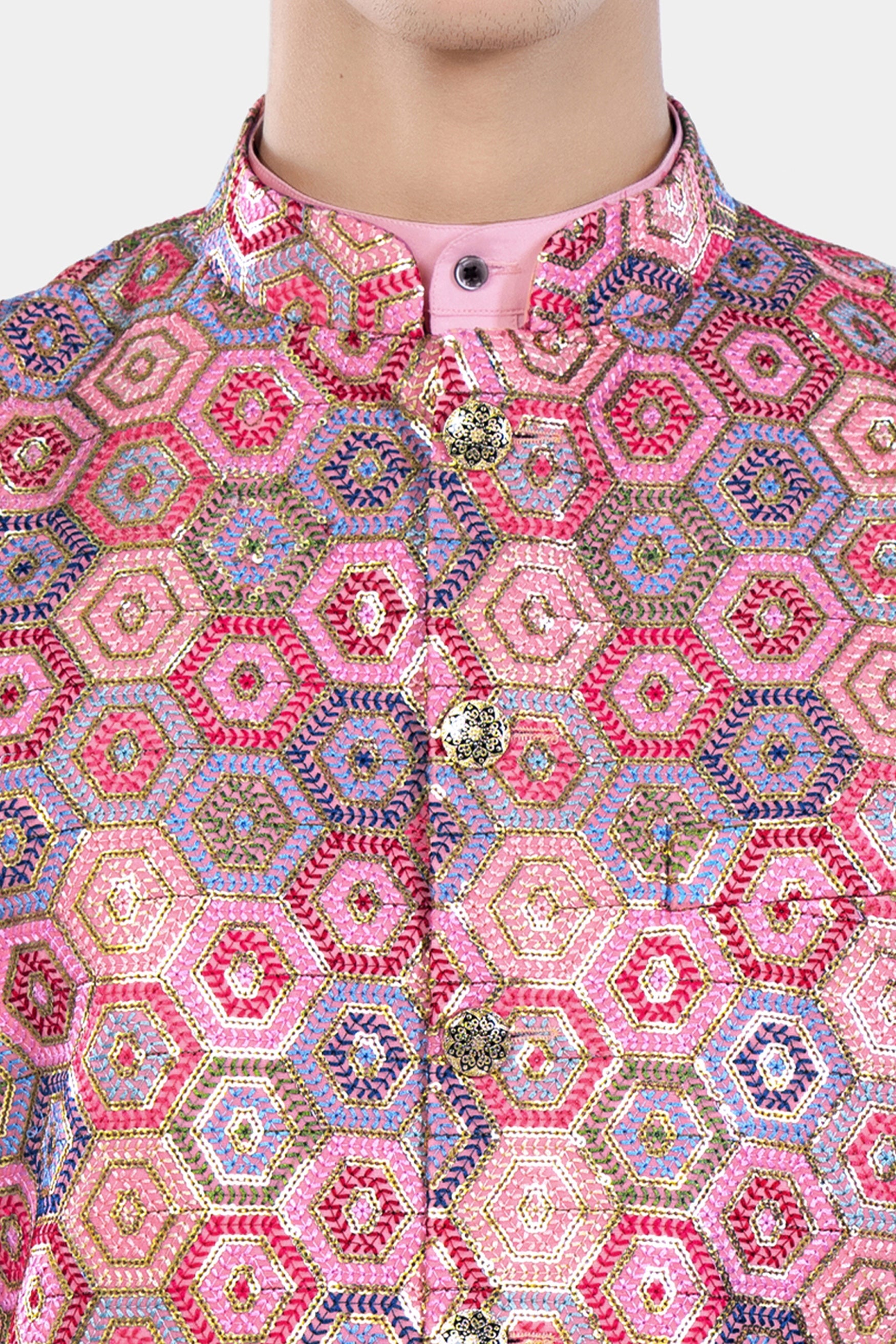 Radical Pink and Rhino Blue Multicolour Honeycomb Sequin and Thread Embroidered Designer Nehru Jacket WC3469-36, WC3469-38, WC3469-40, WC3469-42, WC3469-44, WC3469-46, WC3469-48, WC3469-50, WC3469-52, WC3469-54, WC3469-56, WC3469-58, WC3469-60