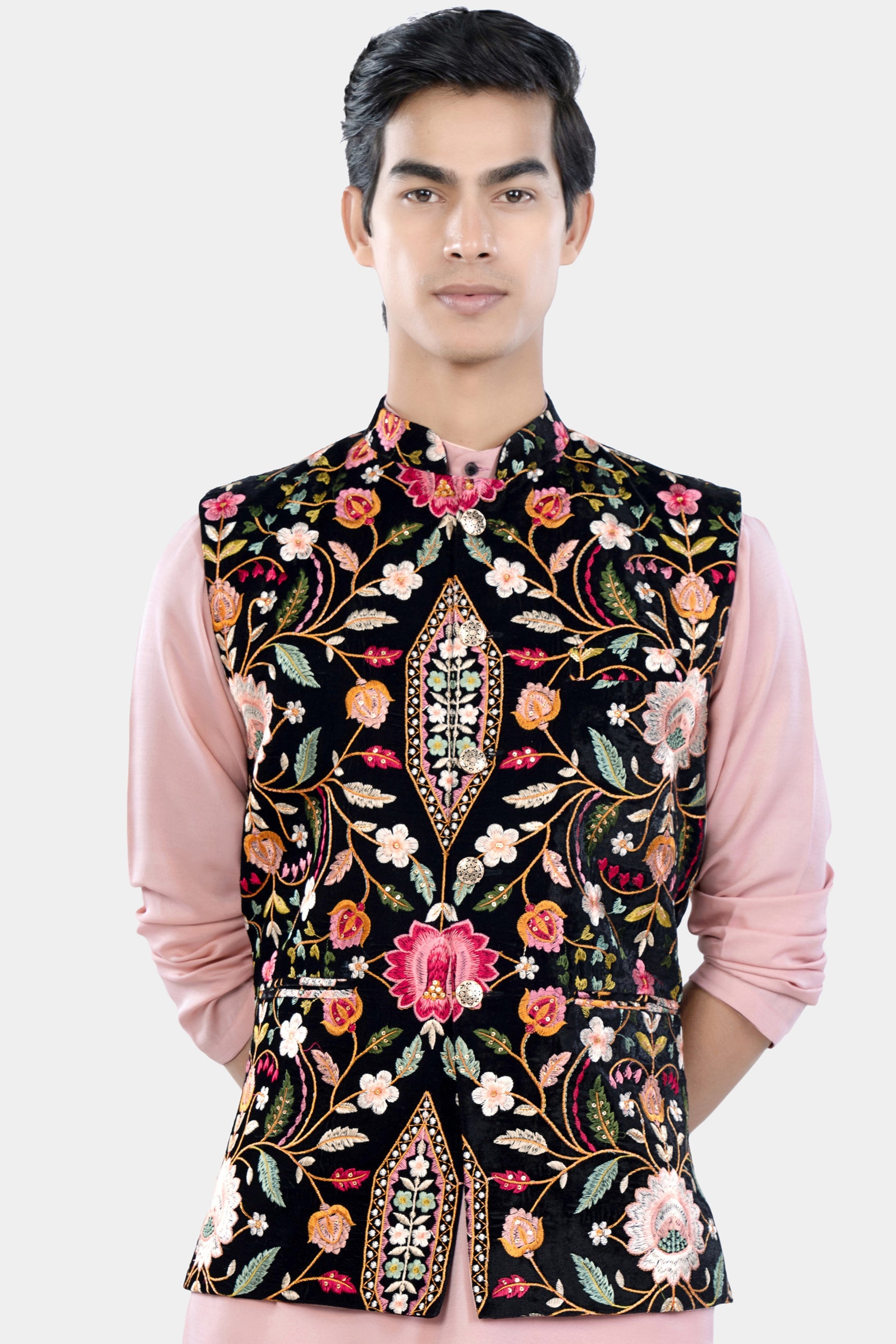 Jade Black and Carmine Pink Multicolour Floral Thread Embroidered Designer Nehru Jacket WC3471-36, WC3471-38, WC3471-40, WC3471-42, WC3471-44, WC3471-46, WC3471-48, WC3471-50, WC3471-52, WC3471-54, WC3471-56, WC3471-58, WC3471-60
