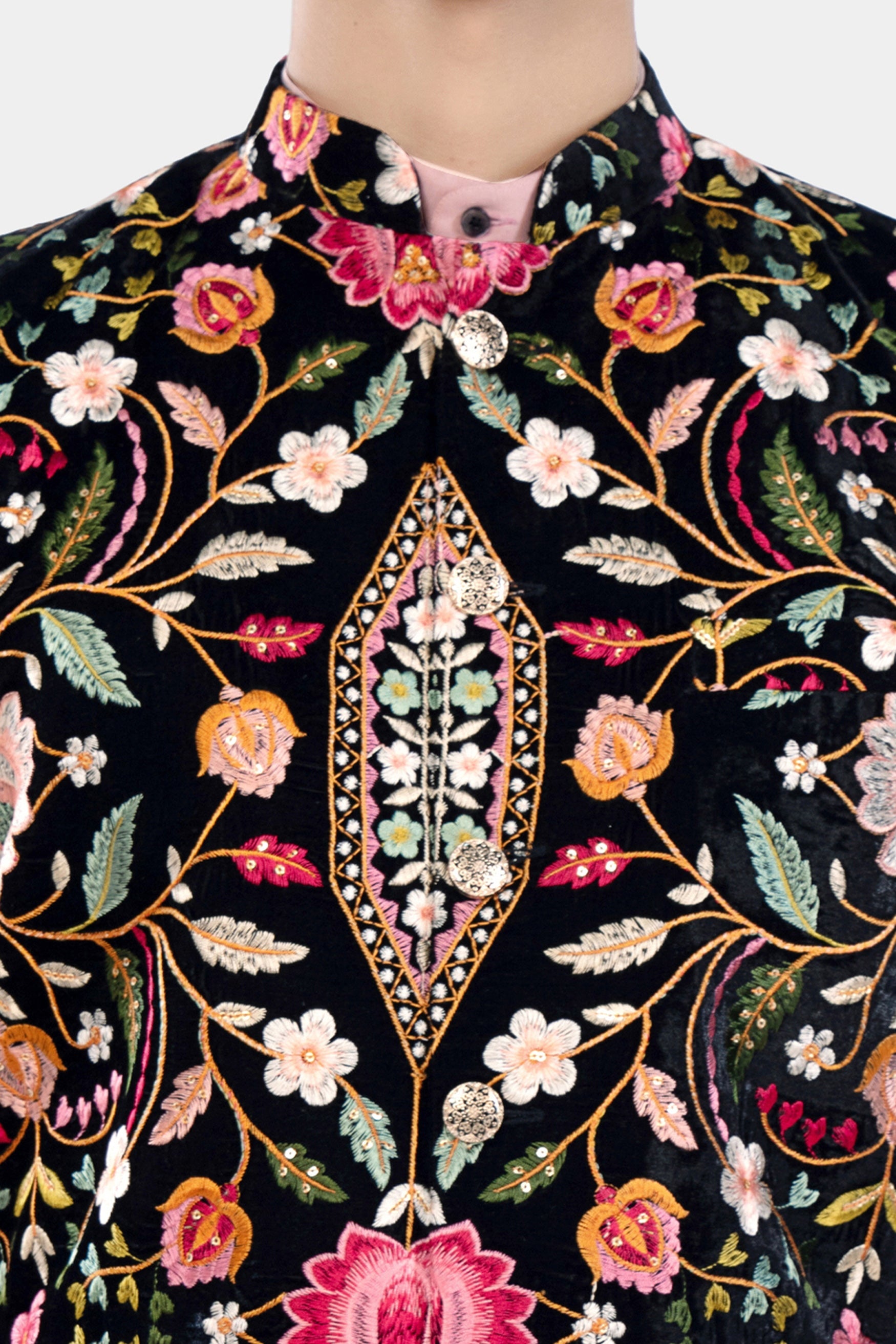 Jade Black and Carmine Pink Multicolour Floral Thread Embroidered Designer Nehru Jacket WC3471-36, WC3471-38, WC3471-40, WC3471-42, WC3471-44, WC3471-46, WC3471-48, WC3471-50, WC3471-52, WC3471-54, WC3471-56, WC3471-58, WC3471-60
