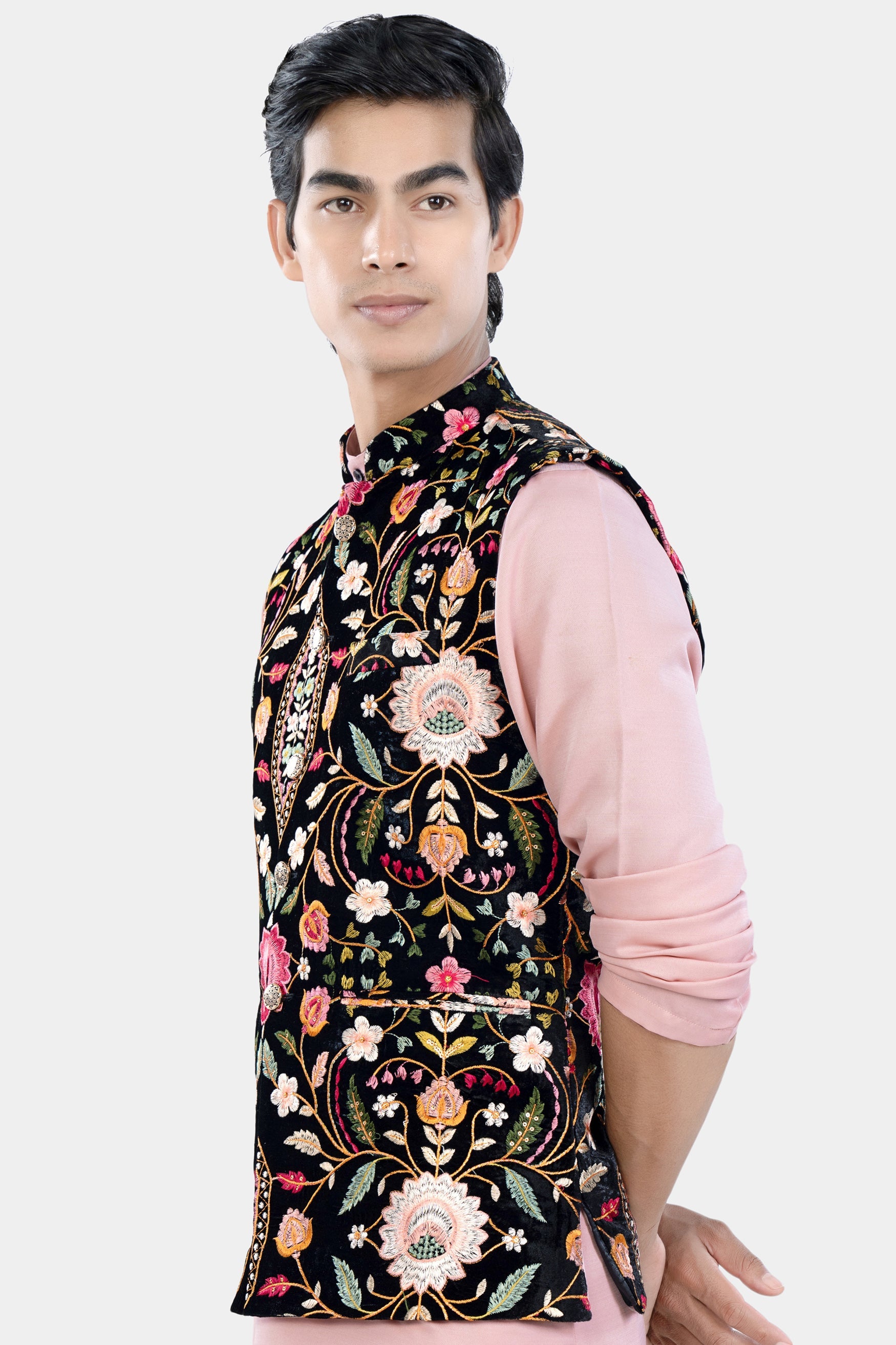 Jade Black and Carmine Pink Multicolour Floral Thread Embroidered Designer Nehru Jacket WC3471-36, WC3471-38, WC3471-40, WC3471-42, WC3471-44, WC3471-46, WC3471-48, WC3471-50, WC3471-52, WC3471-54, WC3471-56, WC3471-58, WC3471-60