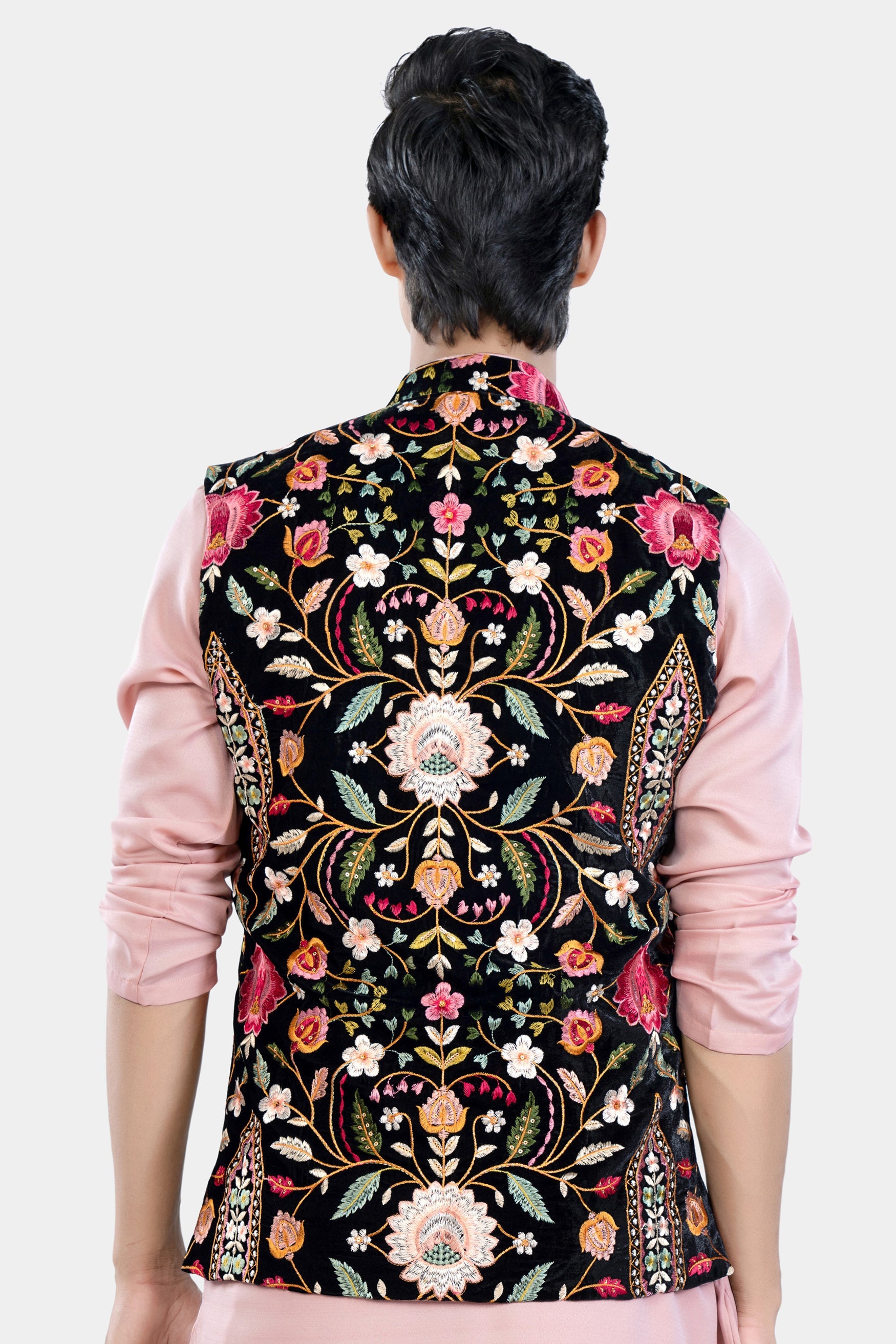 Jade Black and Carmine Pink Multicolour Floral Thread Embroidered Designer Nehru Jacket WC3471-36, WC3471-38, WC3471-40, WC3471-42, WC3471-44, WC3471-46, WC3471-48, WC3471-50, WC3471-52, WC3471-54, WC3471-56, WC3471-58, WC3471-60