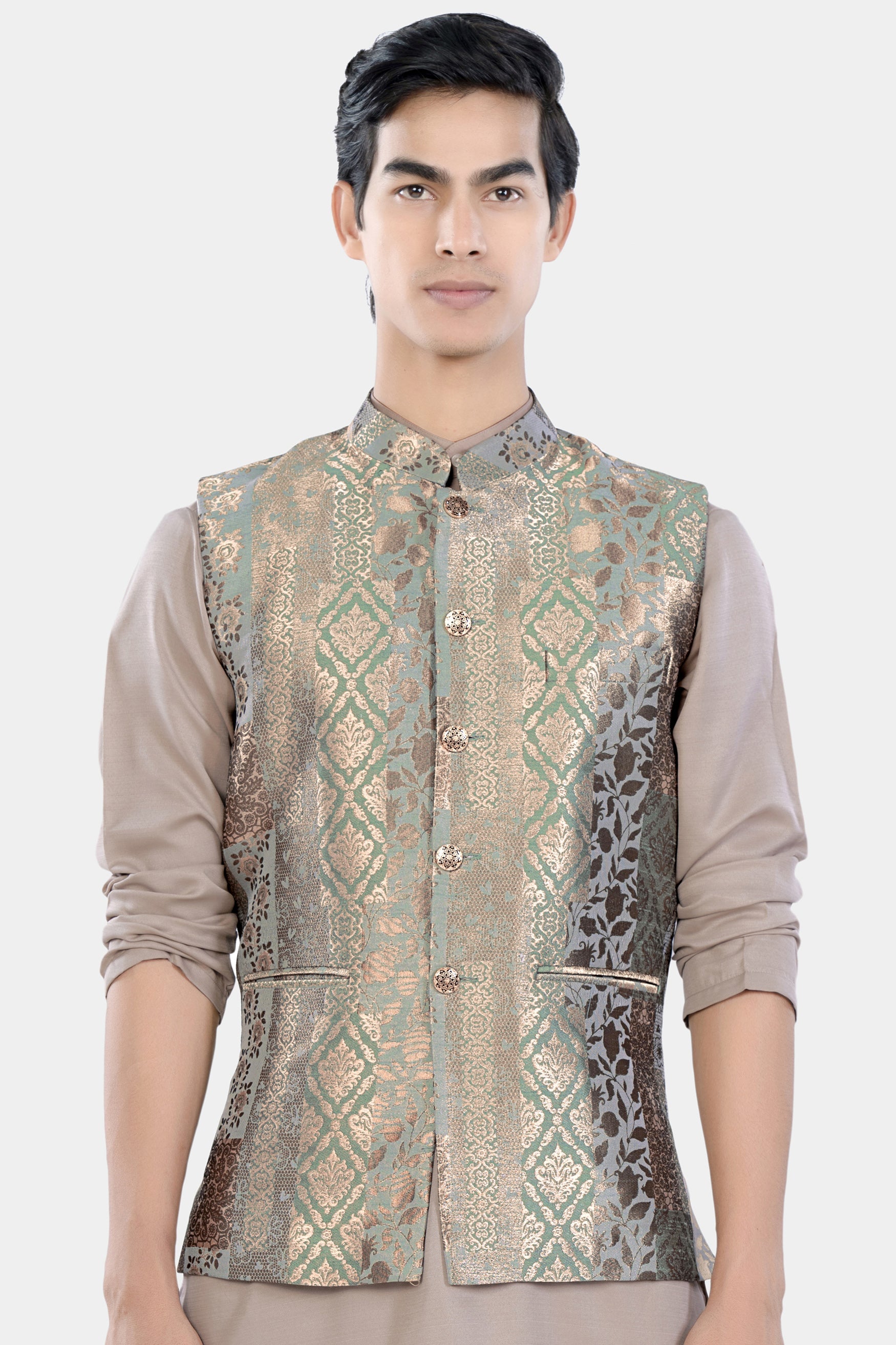 Envy Green and Opium Brown Geometric Jacquard Textured Designer Nehru Jacket WC3477-36, WC3477-38, WC3477-40, WC3477-42, WC3477-44, WC3477-46, WC3477-48, WC3477-50, WC3477-52, WC3477-54, WC3477-56, WC3477-58, WC3477-60