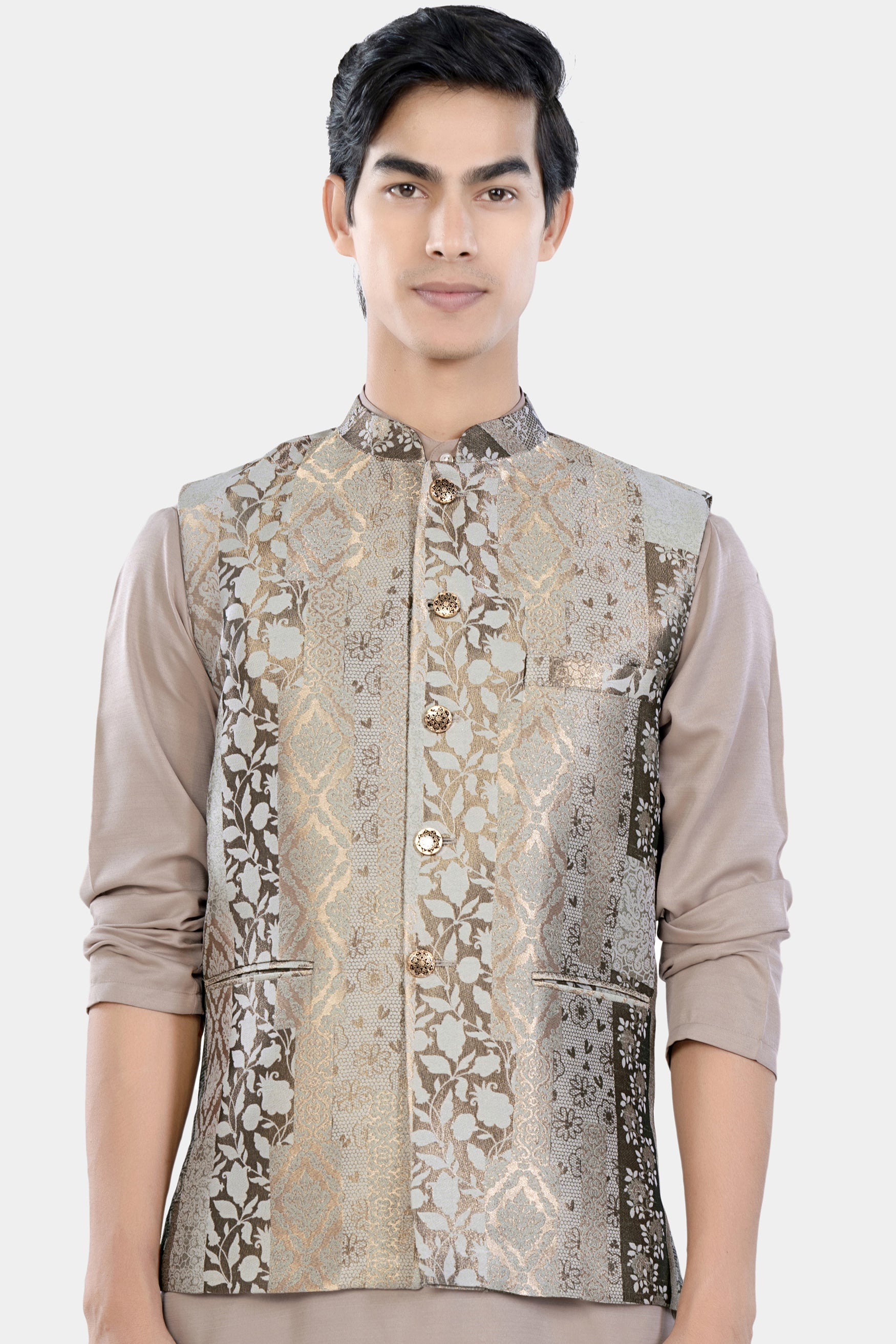 Nomad and Armadillo Brown Geometric Jacquard Textured Designer Nehru Jacket WC3478-36, WC3478-38, WC3478-40, WC3478-42, WC3478-44, WC3478-46, WC3478-48, WC3478-50, WC3478-52, WC3478-54, WC3478-56, WC3478-58, WC3478-60