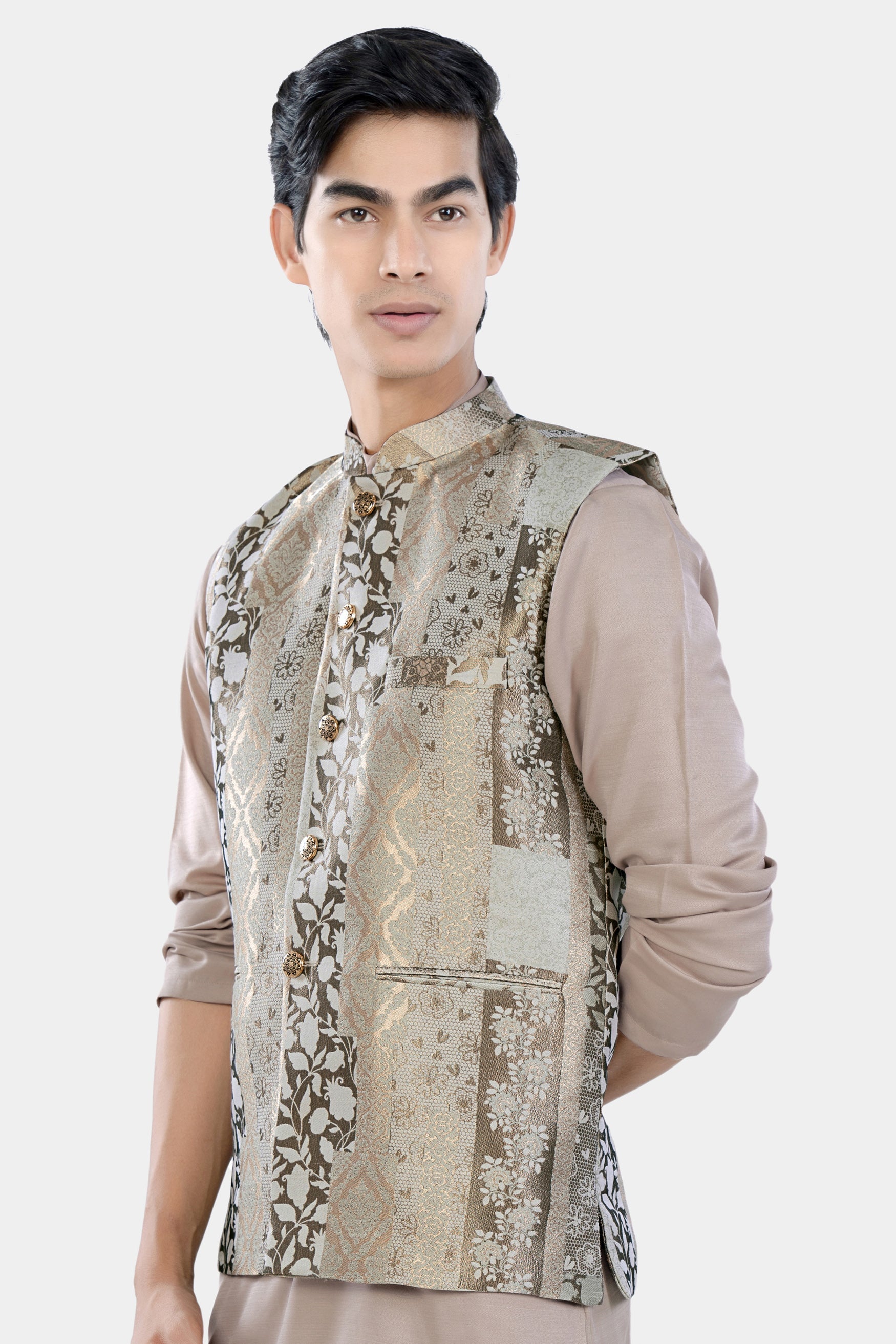 Nomad and Armadillo Brown Geometric Jacquard Textured Designer Nehru Jacket WC3478-36, WC3478-38, WC3478-40, WC3478-42, WC3478-44, WC3478-46, WC3478-48, WC3478-50, WC3478-52, WC3478-54, WC3478-56, WC3478-58, WC3478-60
