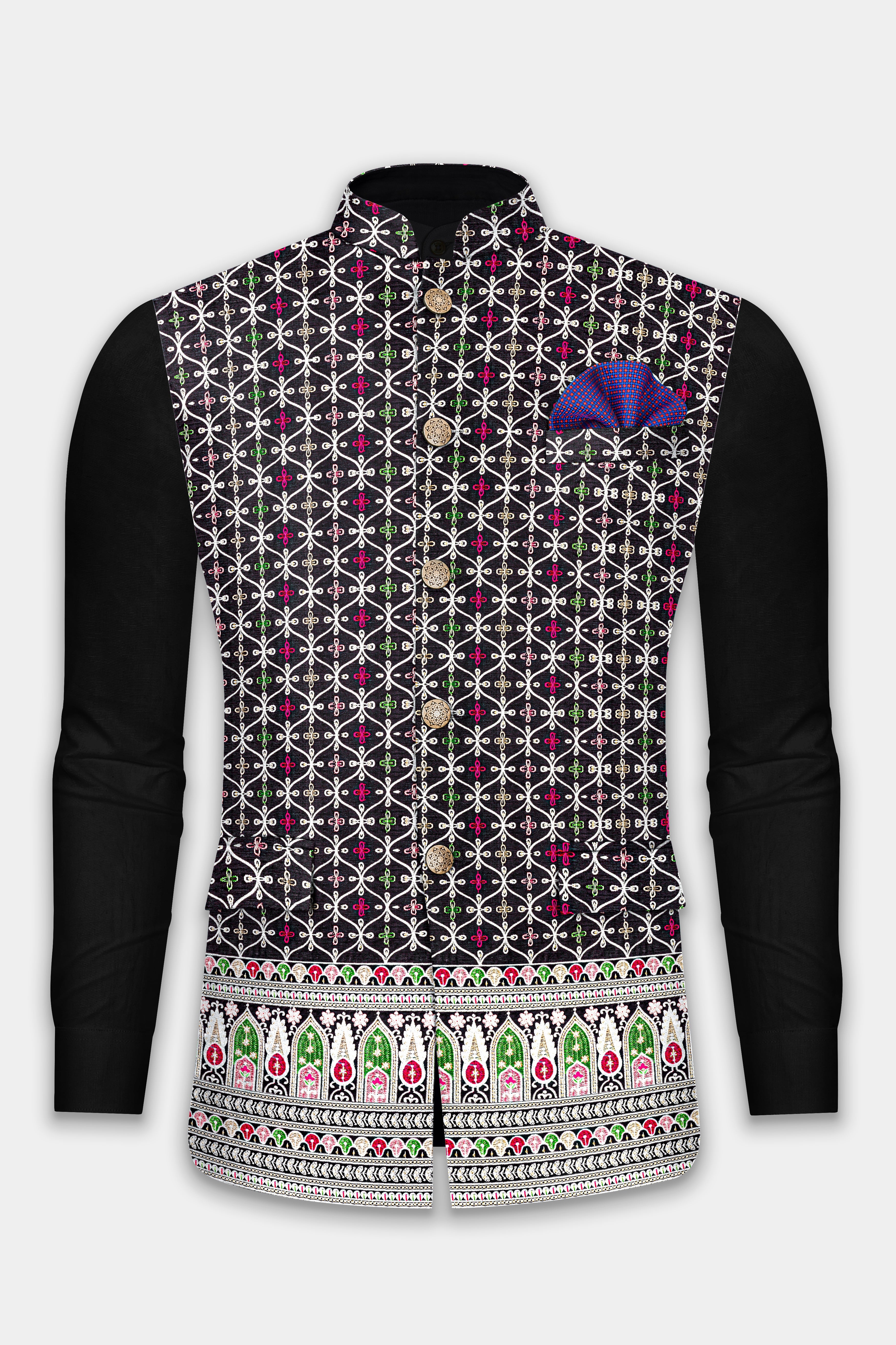 Jade Black and White Multicolour Ogee Pattern Embroidered Nehru Jacket WC3480-36,  WC3480-38,  WC3480-40,  WC3480-42,  WC3480-44,  WC3480-46,  WC3480-48,  WC3480-50,  WC3480-52,  WC3480-54,  WC3480-56,  WC3480-58,  WC3480-60