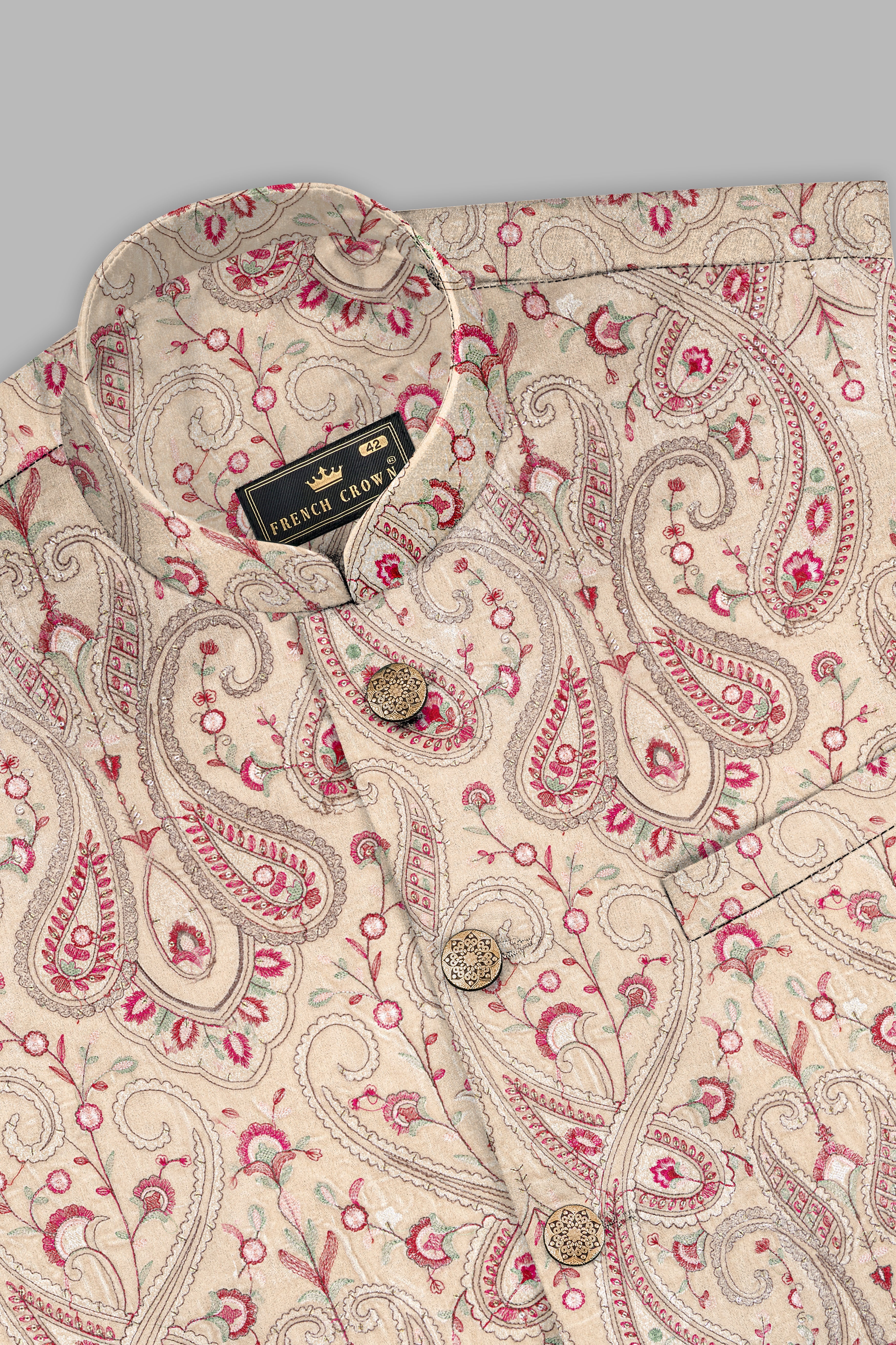 Bisque Brown and Cardinal Pink Floral Thread Embroidered Nehru Jacket WC3504-36,  WC3504-38,  WC3504-40,  WC3504-42,  WC3504-44,  WC3504-46,  WC3504-48,  WC3504-50,  WC3504-52,  WC3504-54,  WC3504-56,  WC3504-58,  WC3504-60