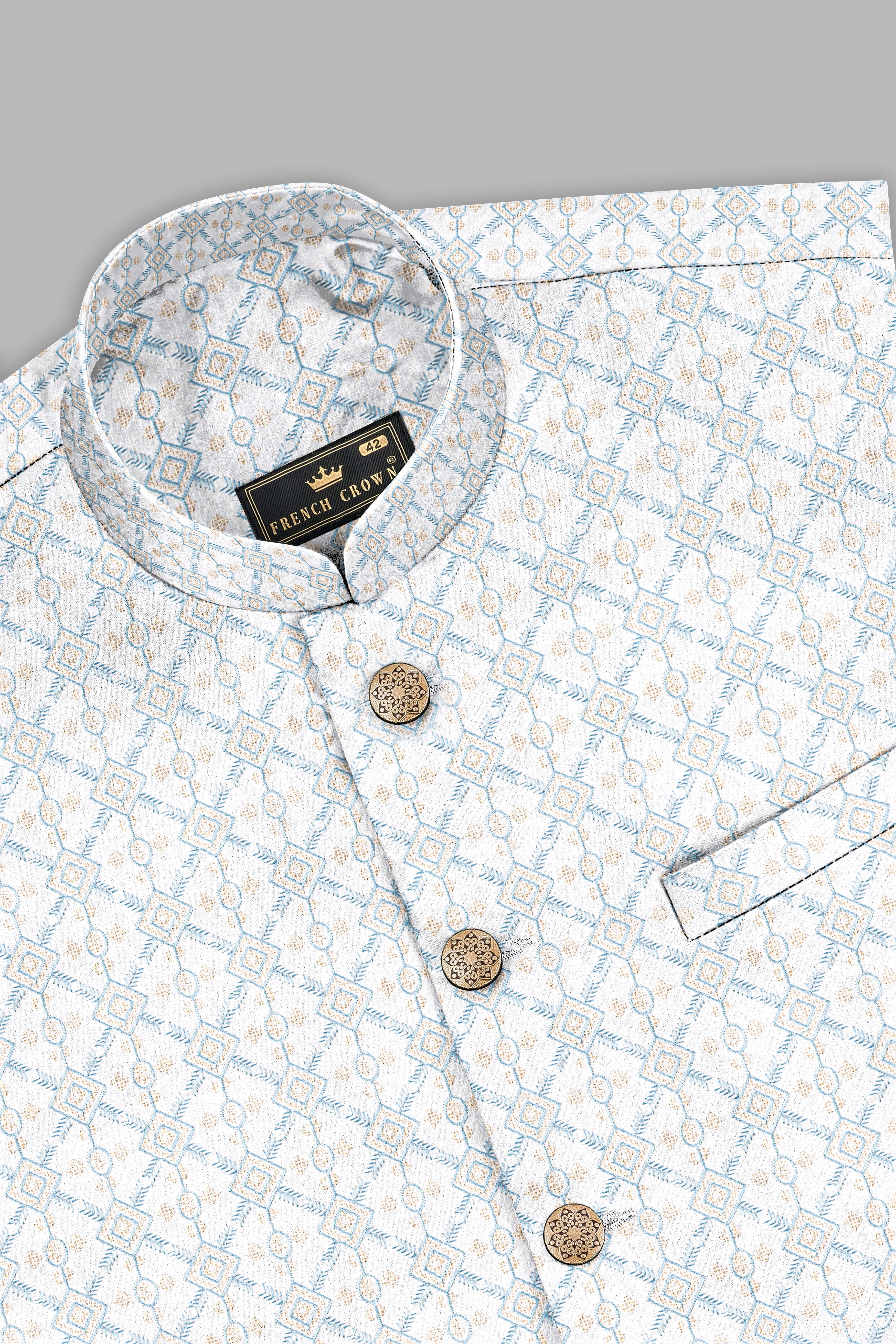 Sand Cream and Glacier Blue Geometric Thread Embroidered Nehru Jacket WC3535-36,  WC3535-38,  WC3535-40,  WC3535-42,  WC3535-44,  WC3535-46,  WC3535-48,  WC3535-50,  WC3535-52,  WC3535-54,  WC3535-56,  WC3535-58,  WC3535-60