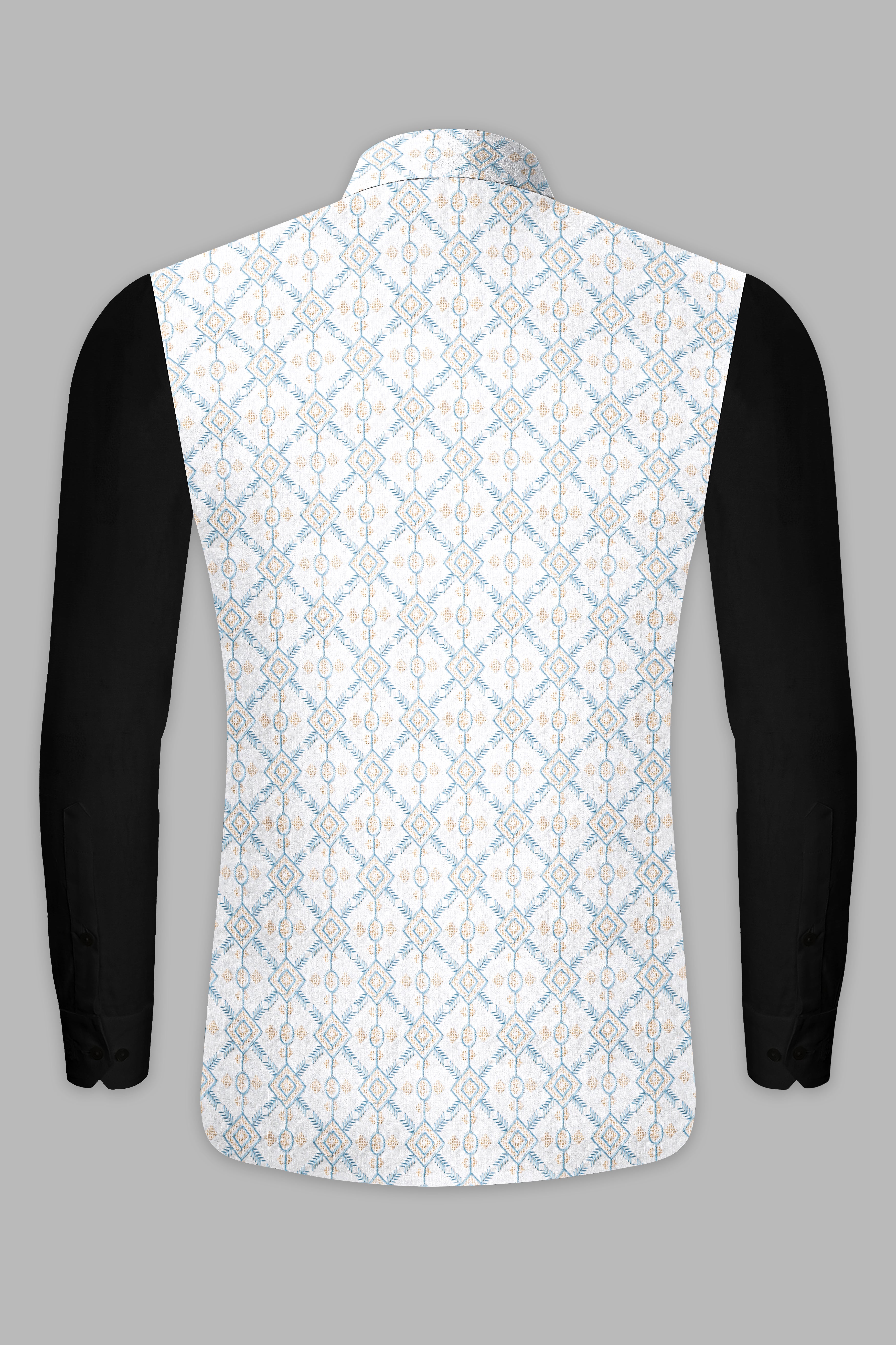 Sand Cream and Glacier Blue Geometric Thread Embroidered Nehru Jacket WC3535-36,  WC3535-38,  WC3535-40,  WC3535-42,  WC3535-44,  WC3535-46,  WC3535-48,  WC3535-50,  WC3535-52,  WC3535-54,  WC3535-56,  WC3535-58,  WC3535-60