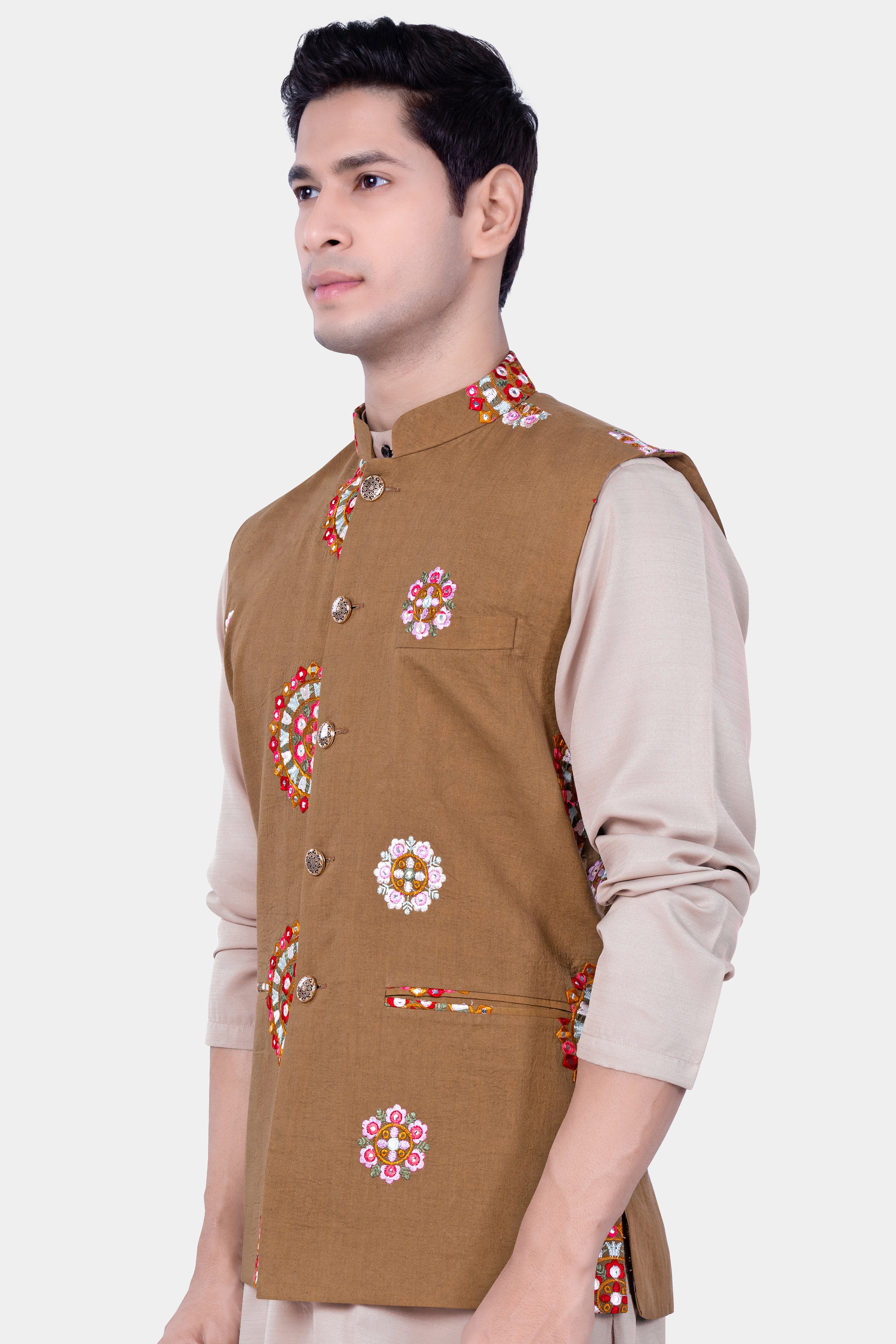 Spicy Mix Brown With Shisha work Embroidered Nehru Jacket