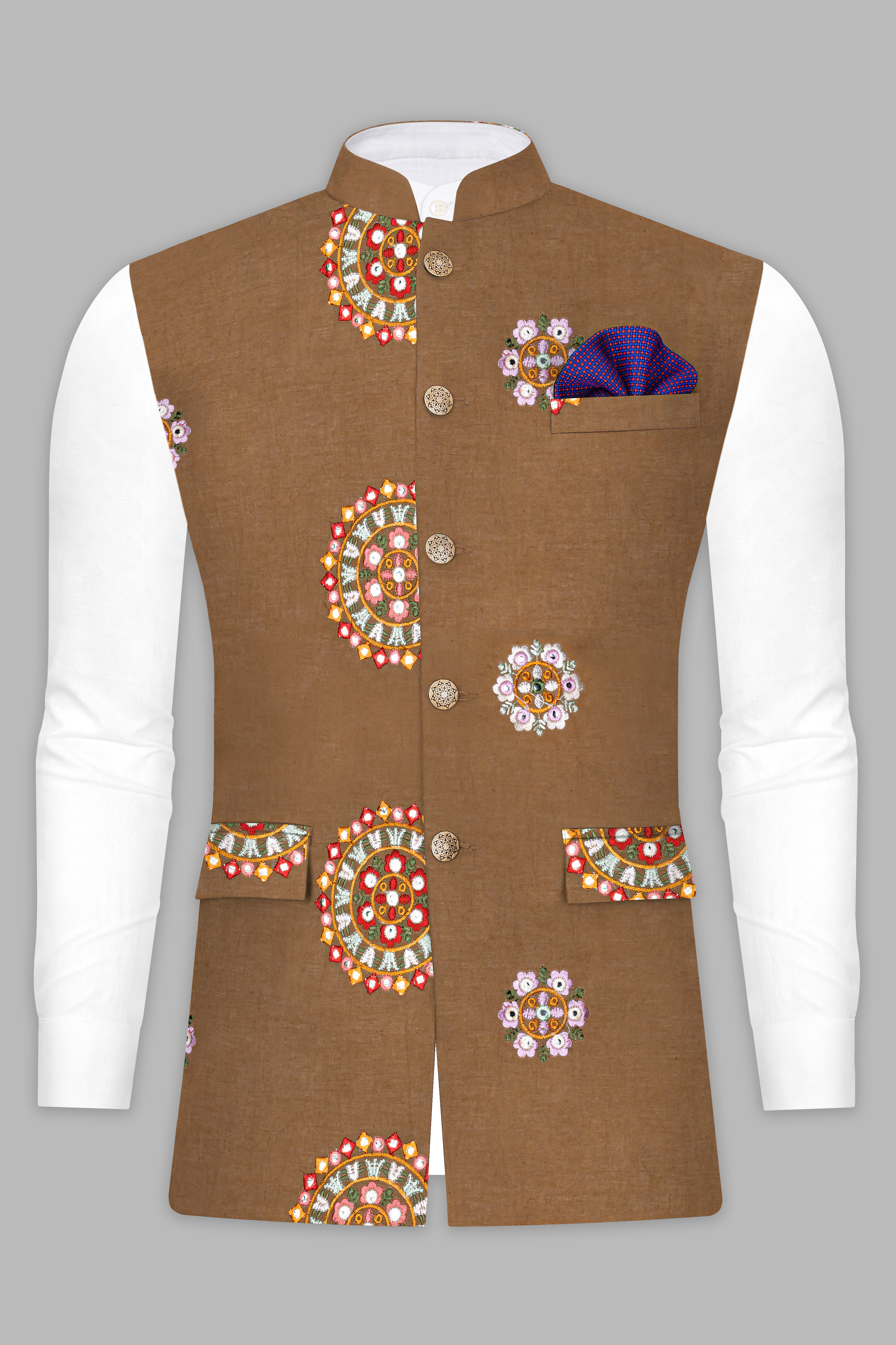 Spicy Mix Brown With Shisha work Embroidered Nehru Jacket