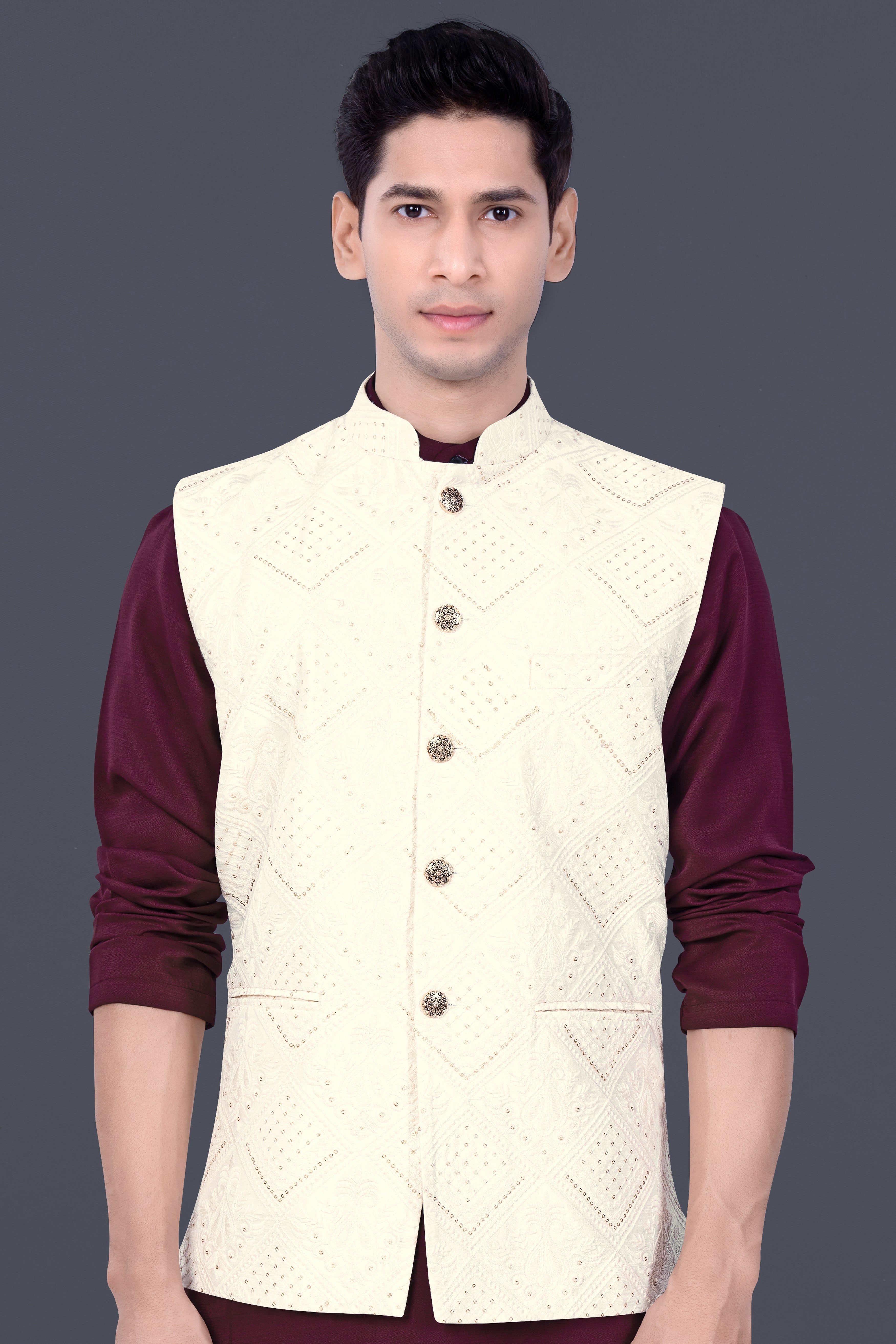 Eggshell Cream Trellis Sequin And Thread Embroidered Nehru Jacket