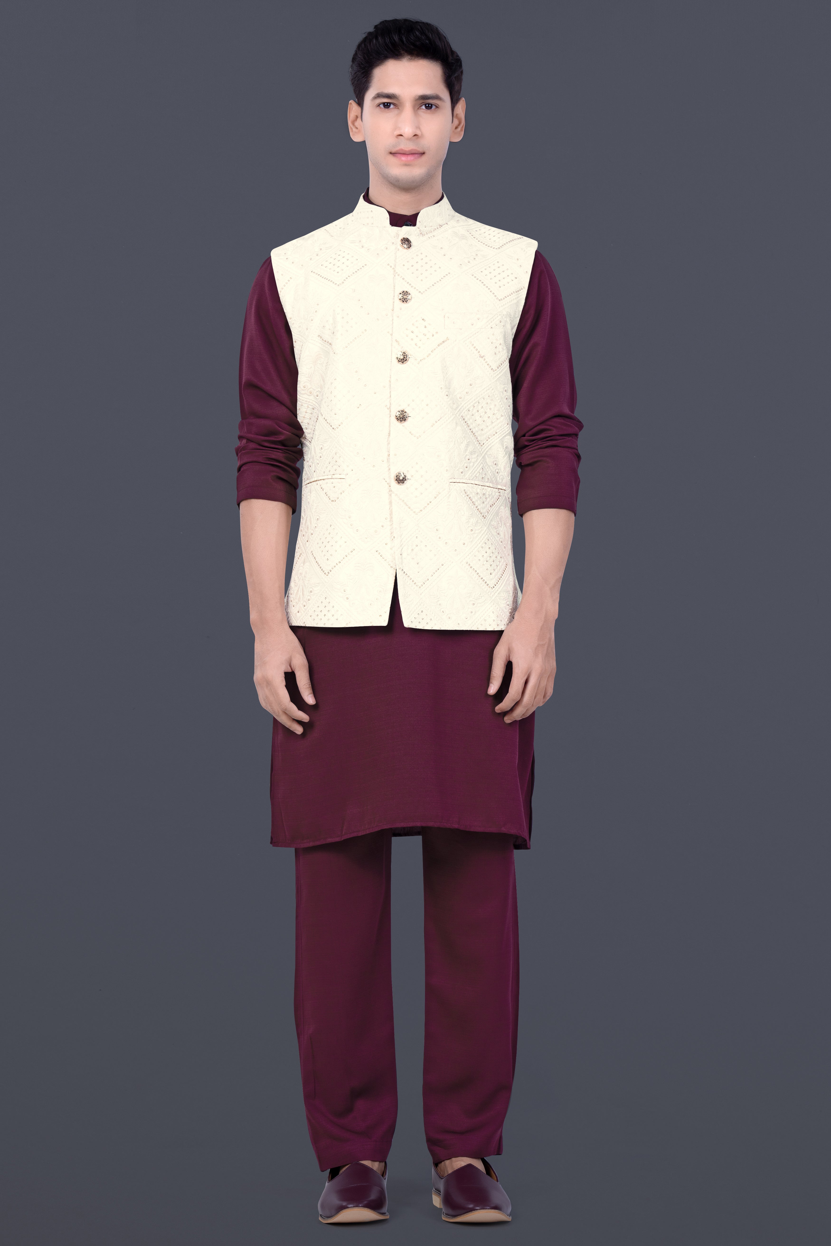 Eggshell Cream Trellis Sequin And Thread Embroidered Nehru Jacket
