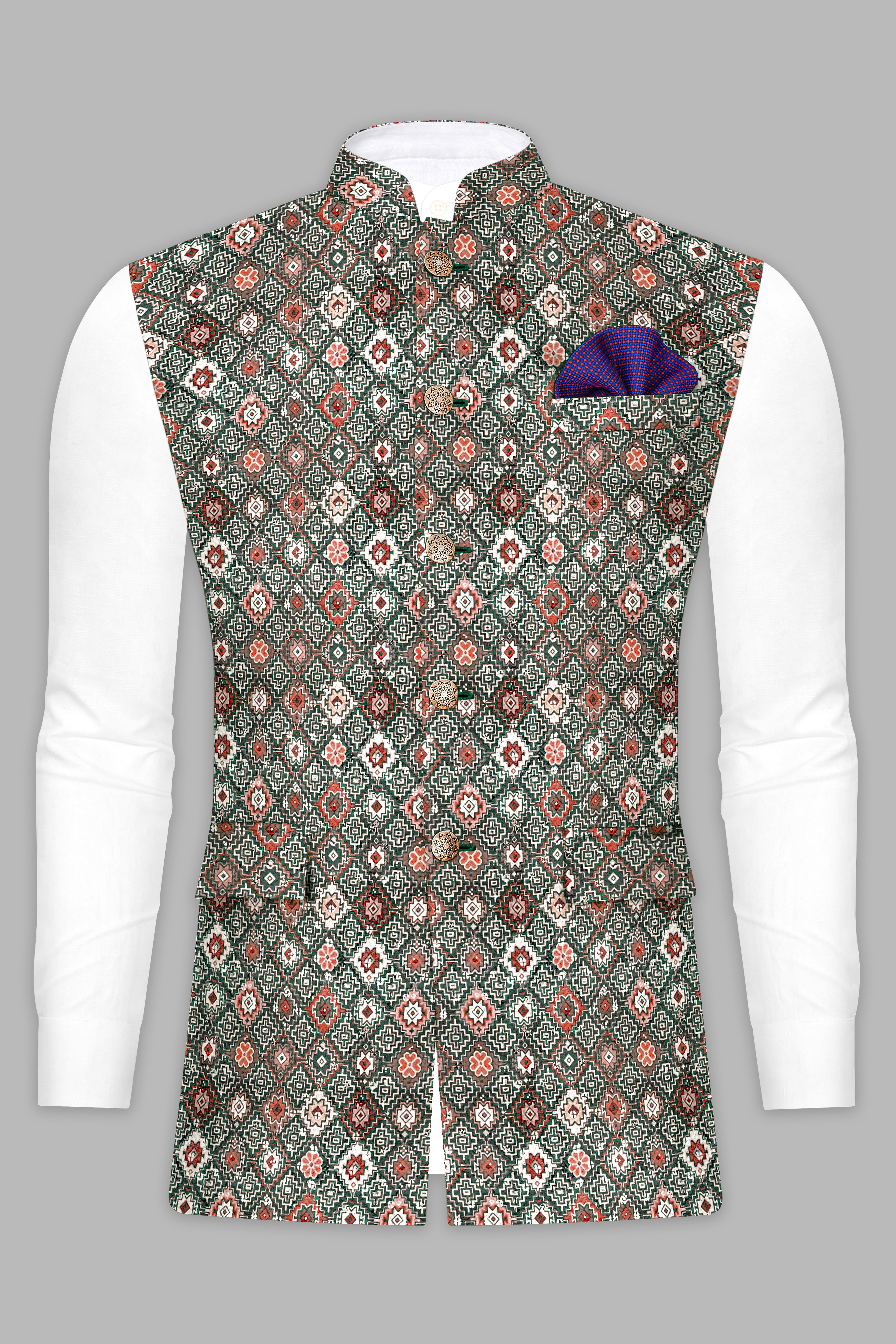 Ironside Green And Rosy Pink Multicolour Thread Embroidered Nehru Jacket