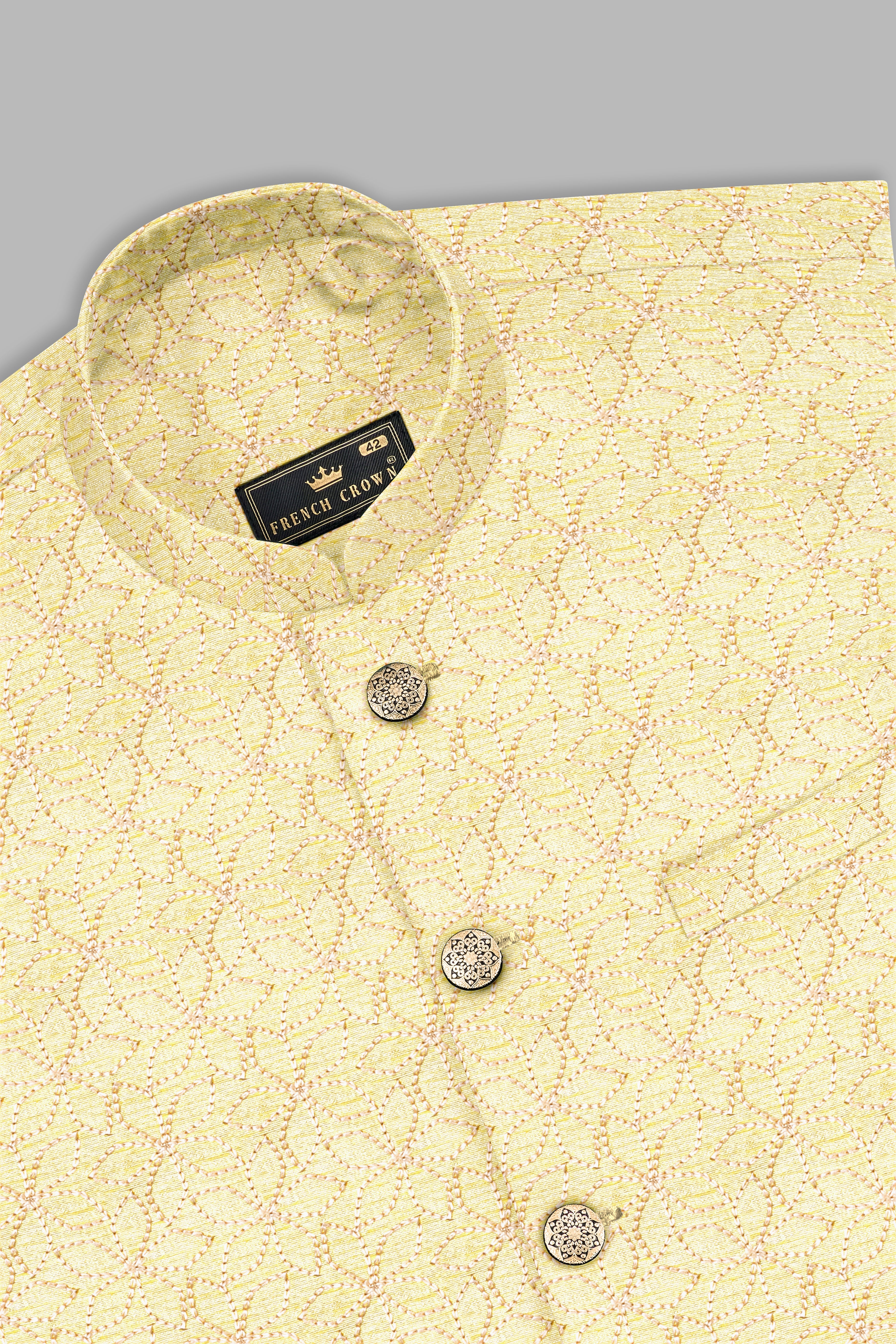 Blond Yellow Flower Embroidered Nehru Jacket