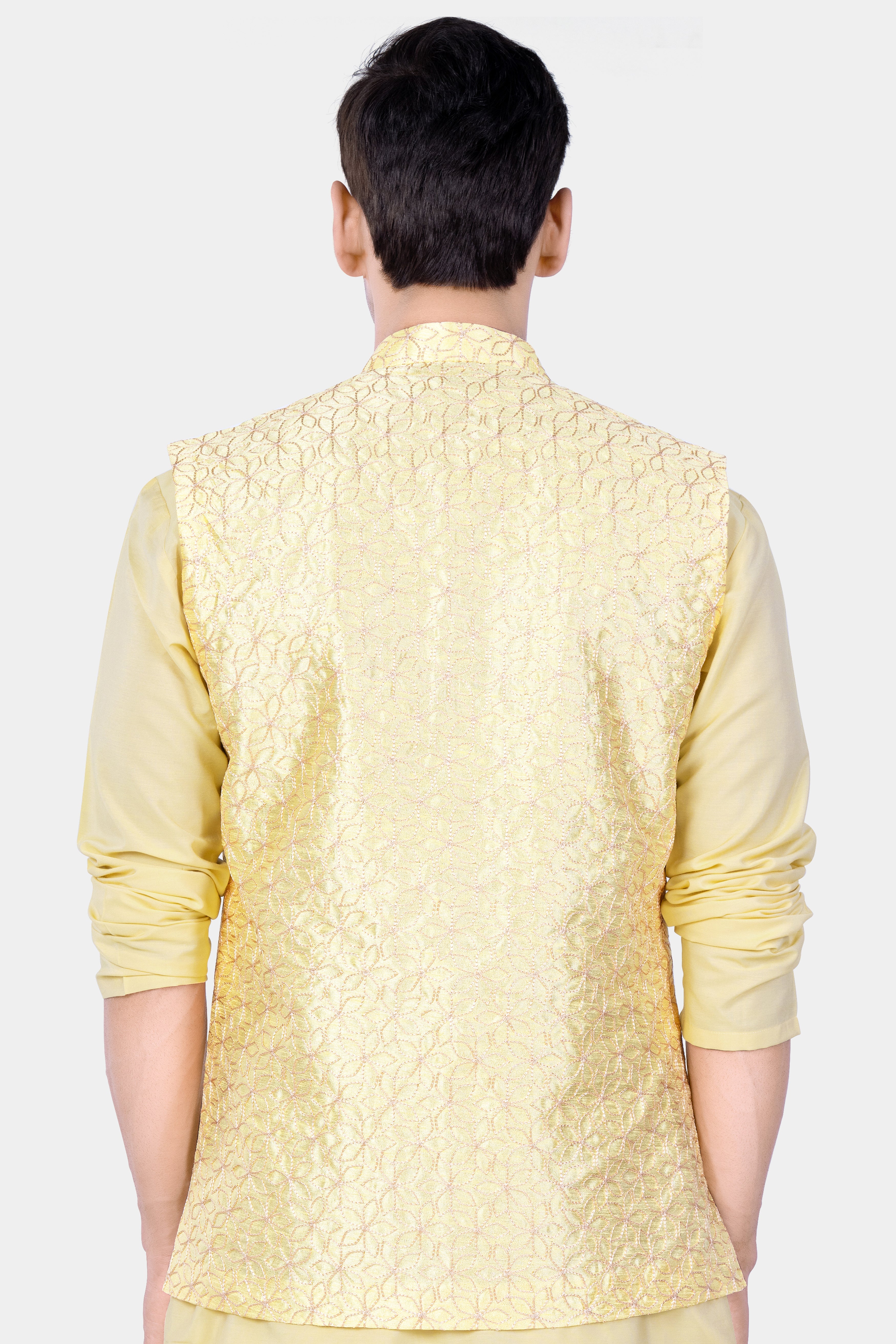 Blond Yellow Flower Embroidered Nehru Jacket