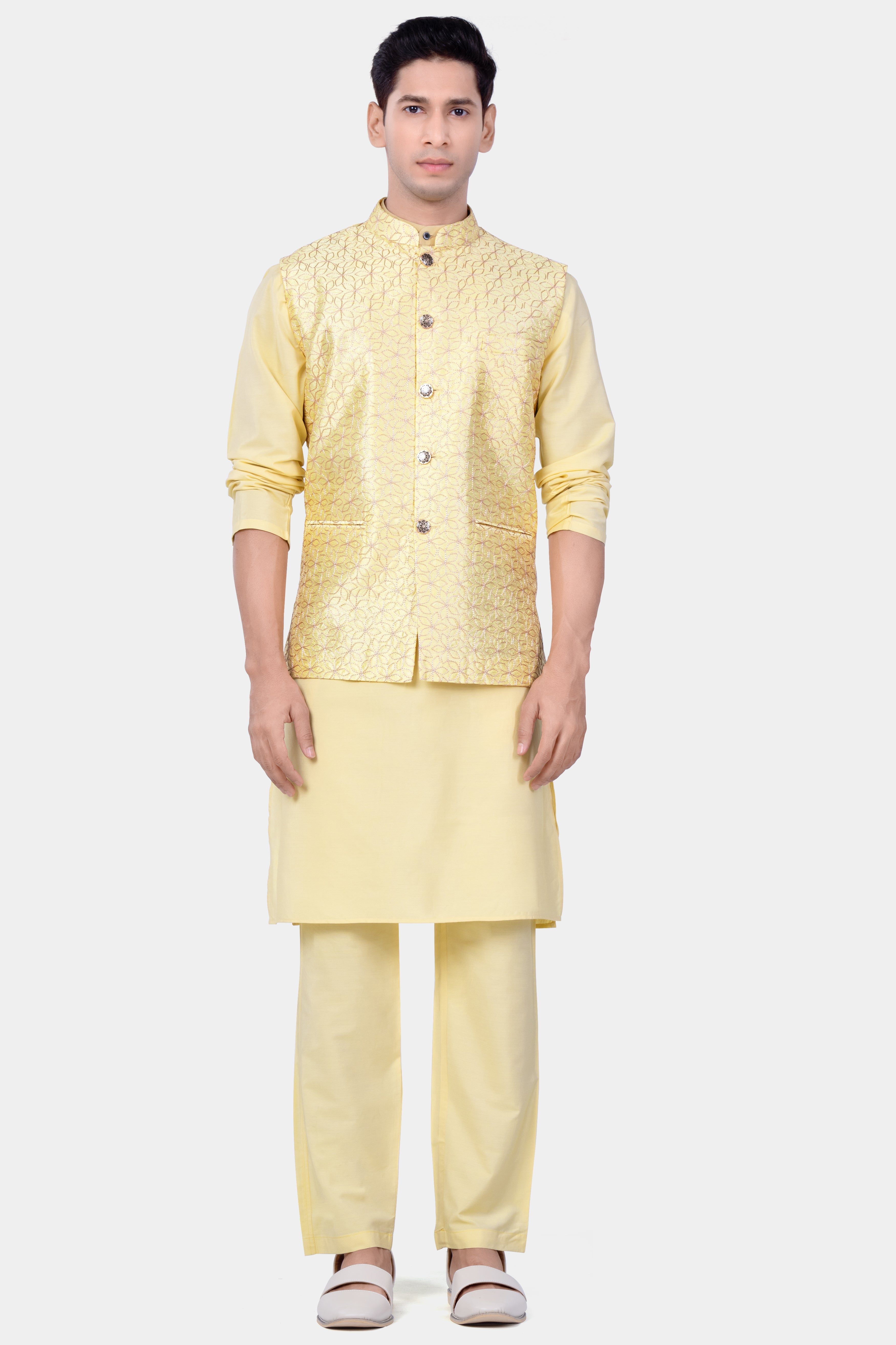 Blond Yellow Flower Embroidered Nehru Jacket