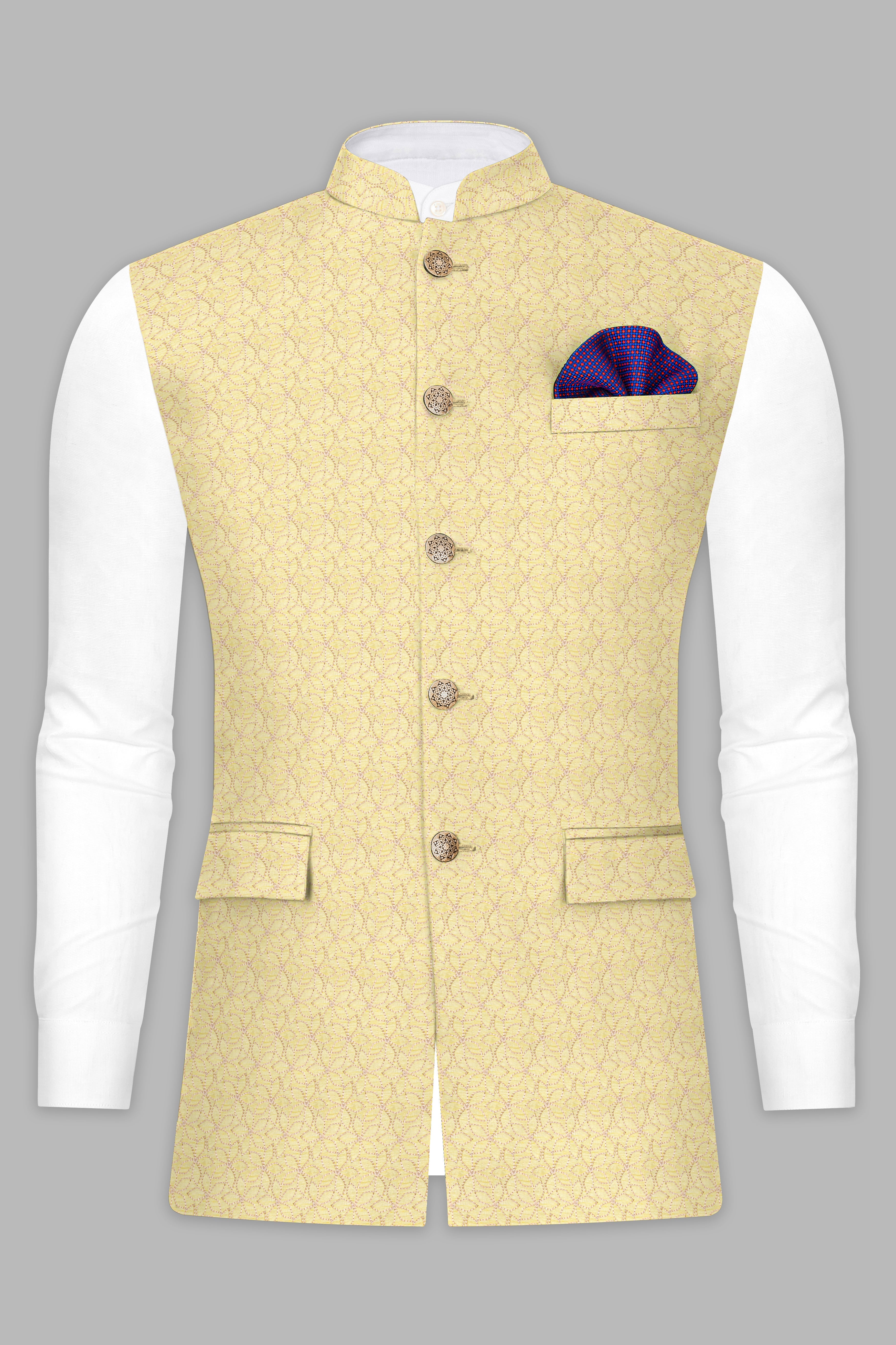 Blond Yellow Flower Embroidered Nehru Jacket
