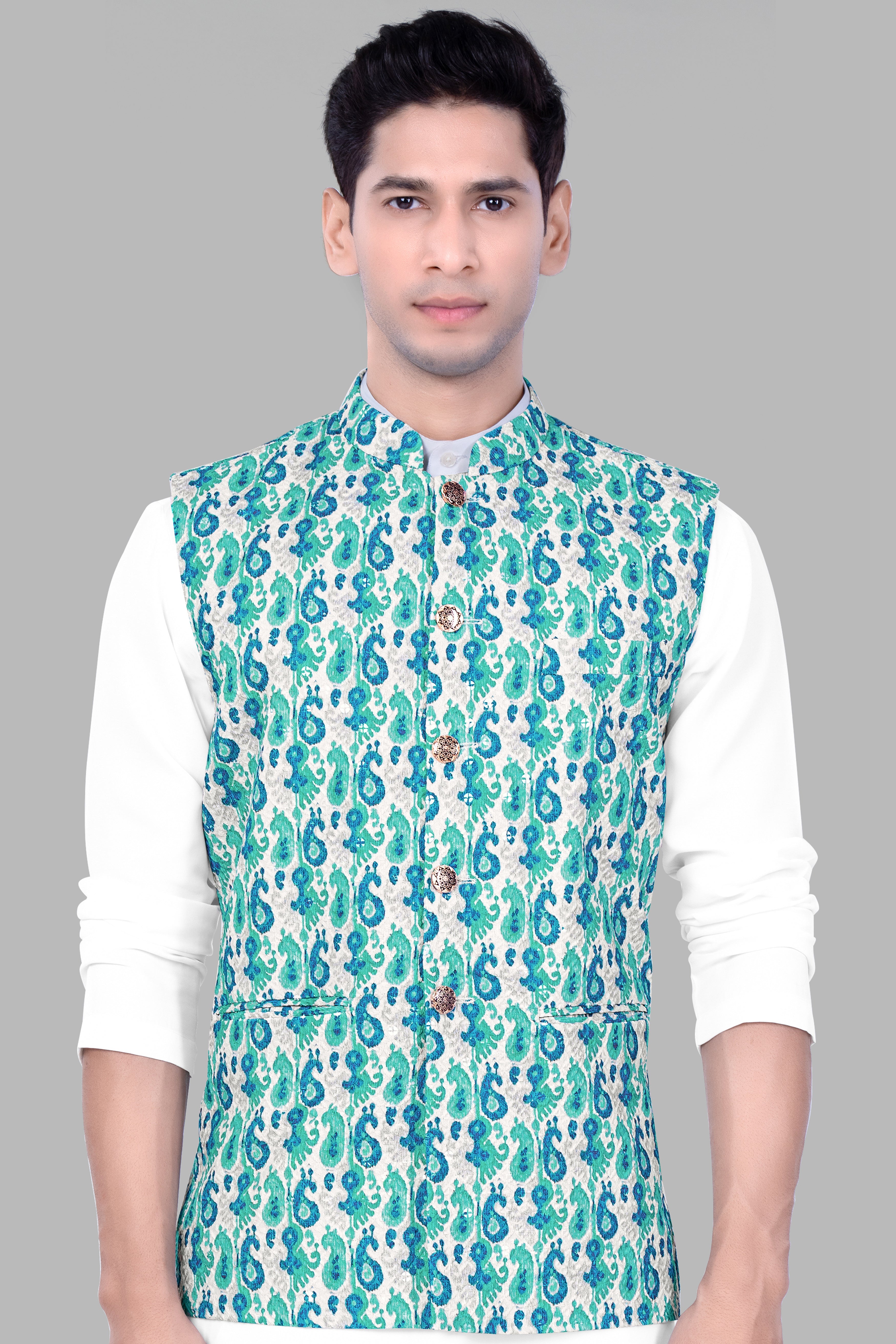 Bright White And Curious Blue Designer Thread Embroidered Nehru Jacket
