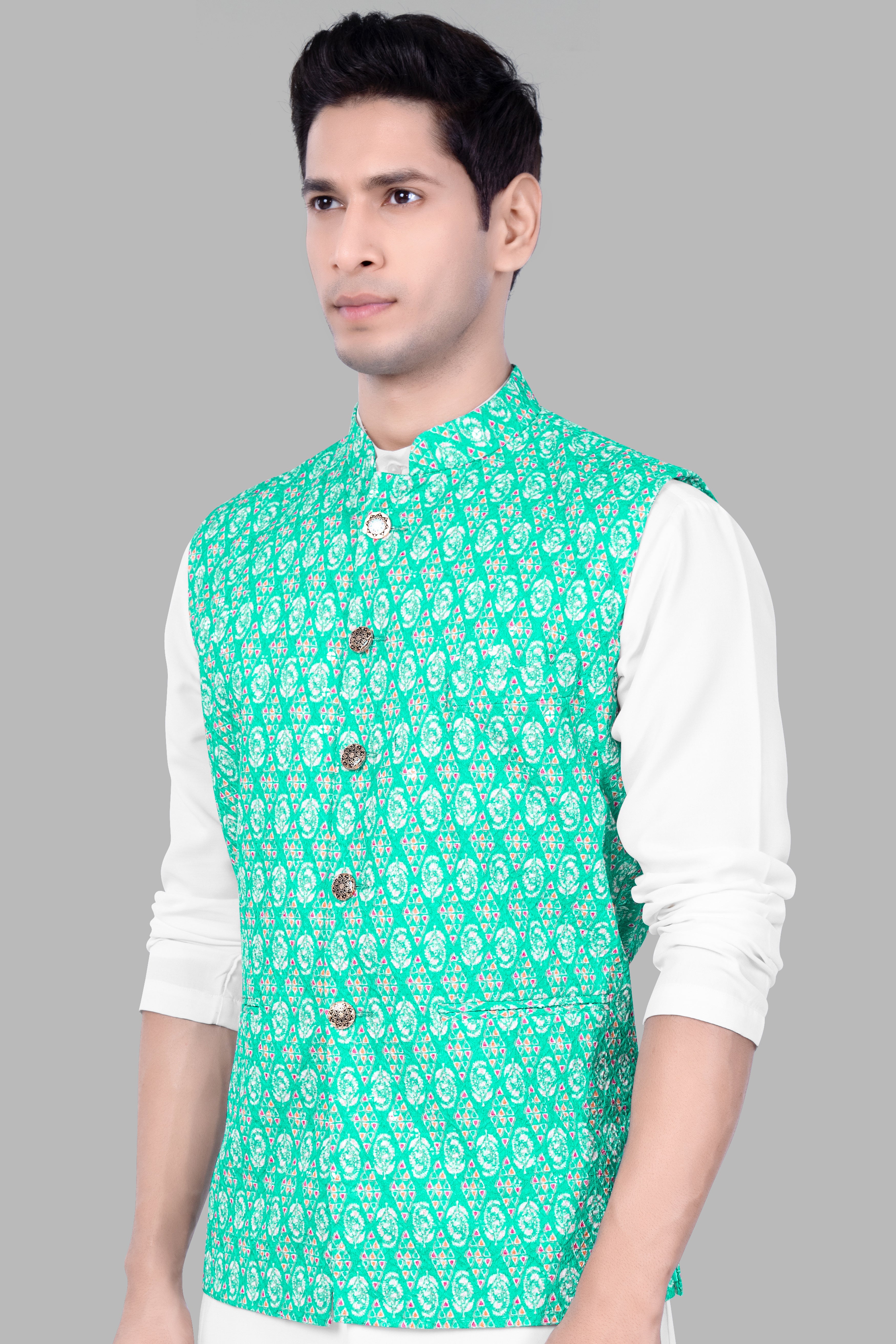 Caribbean Blue And Brilliant Rose Pink Designer Thread Embroidered Nehru Jacket