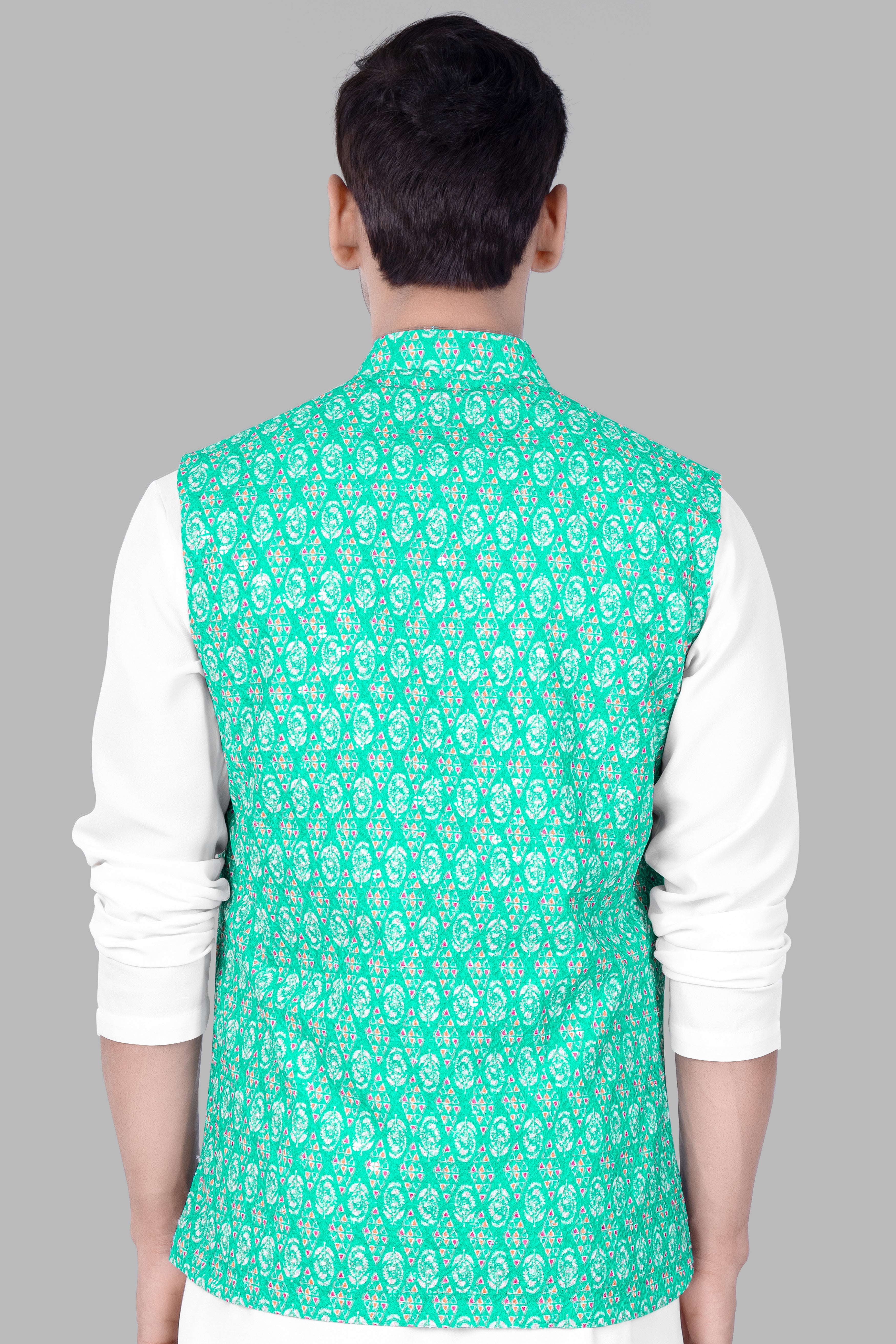 Caribbean Blue And Brilliant Rose Pink Designer Thread Embroidered Nehru Jacket