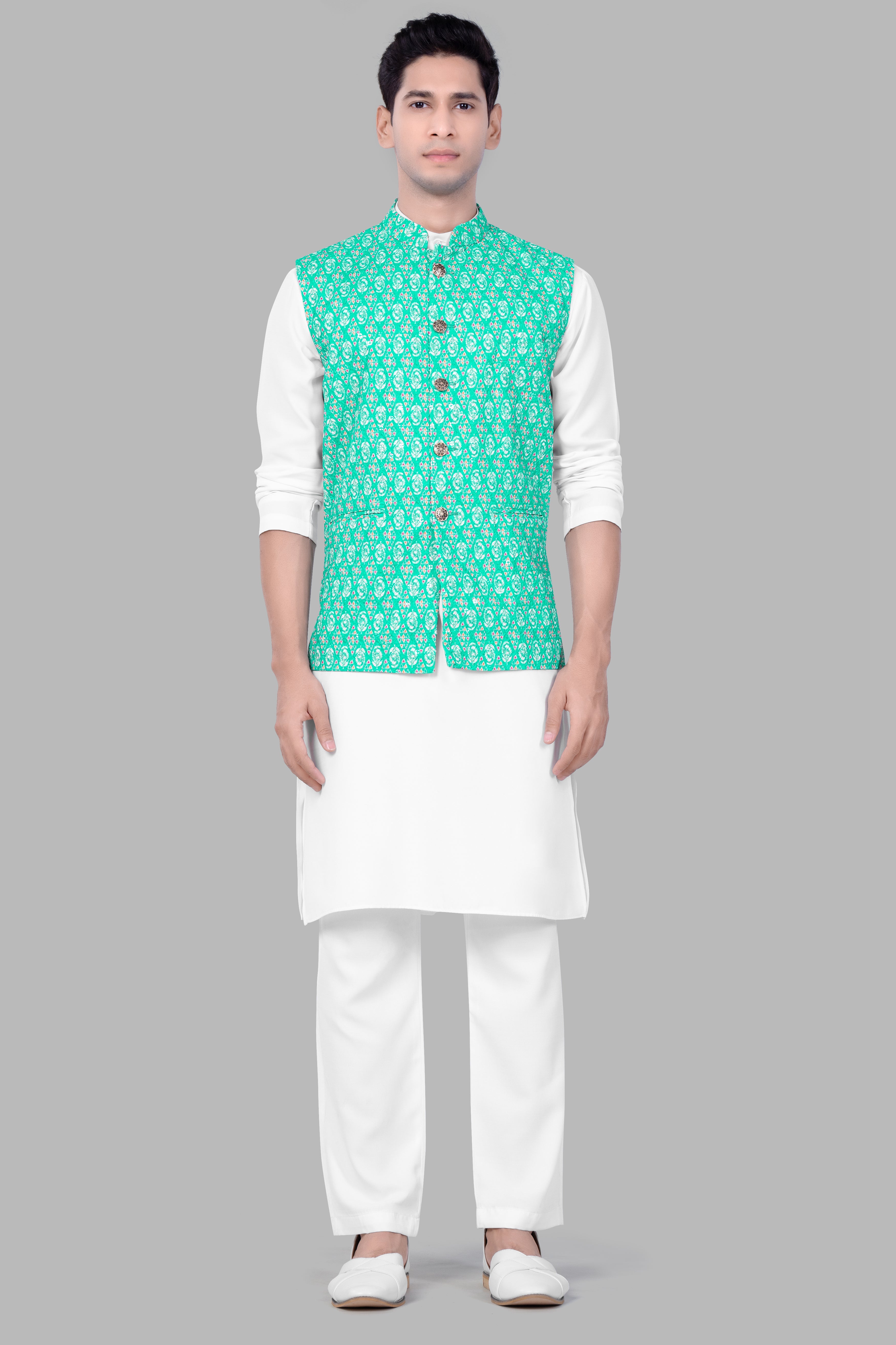 Caribbean Blue And Brilliant Rose Pink Designer Thread Embroidered Nehru Jacket