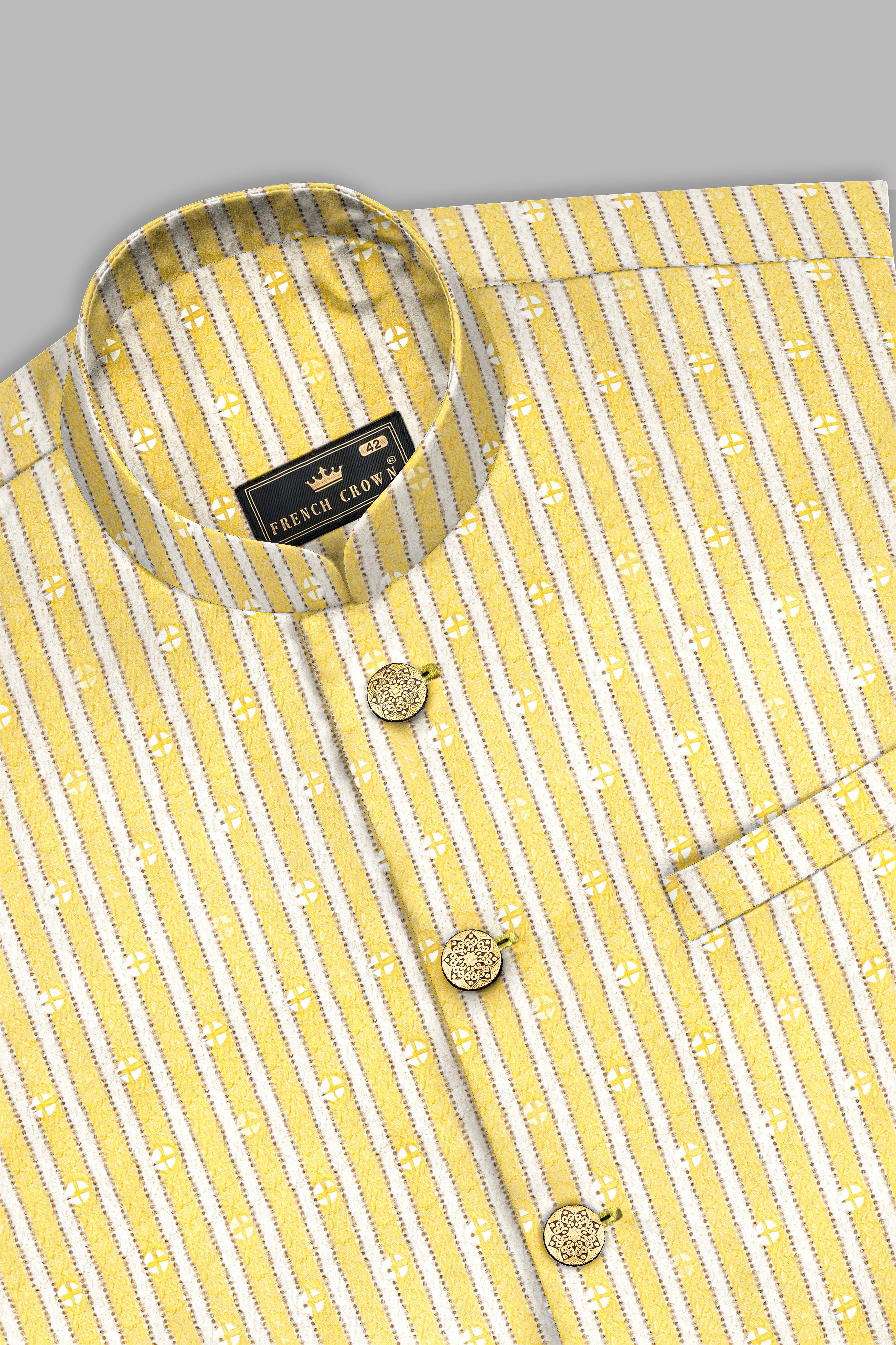 Drover Yellow And Bright White Striped Designer Thread Embroidered Nehru Jacket