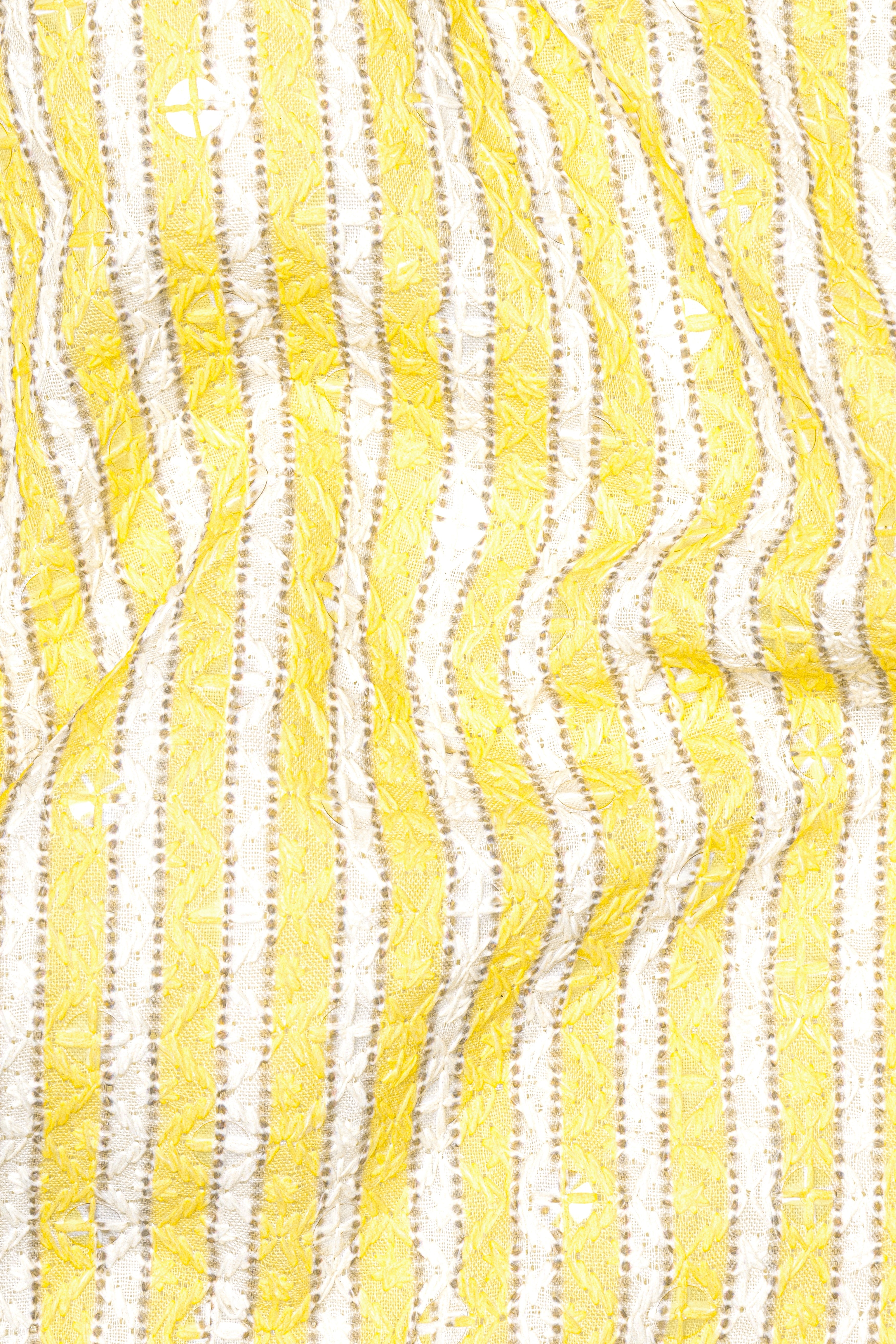 Drover Yellow And Bright White Striped Designer Thread Embroidered Nehru Jacket