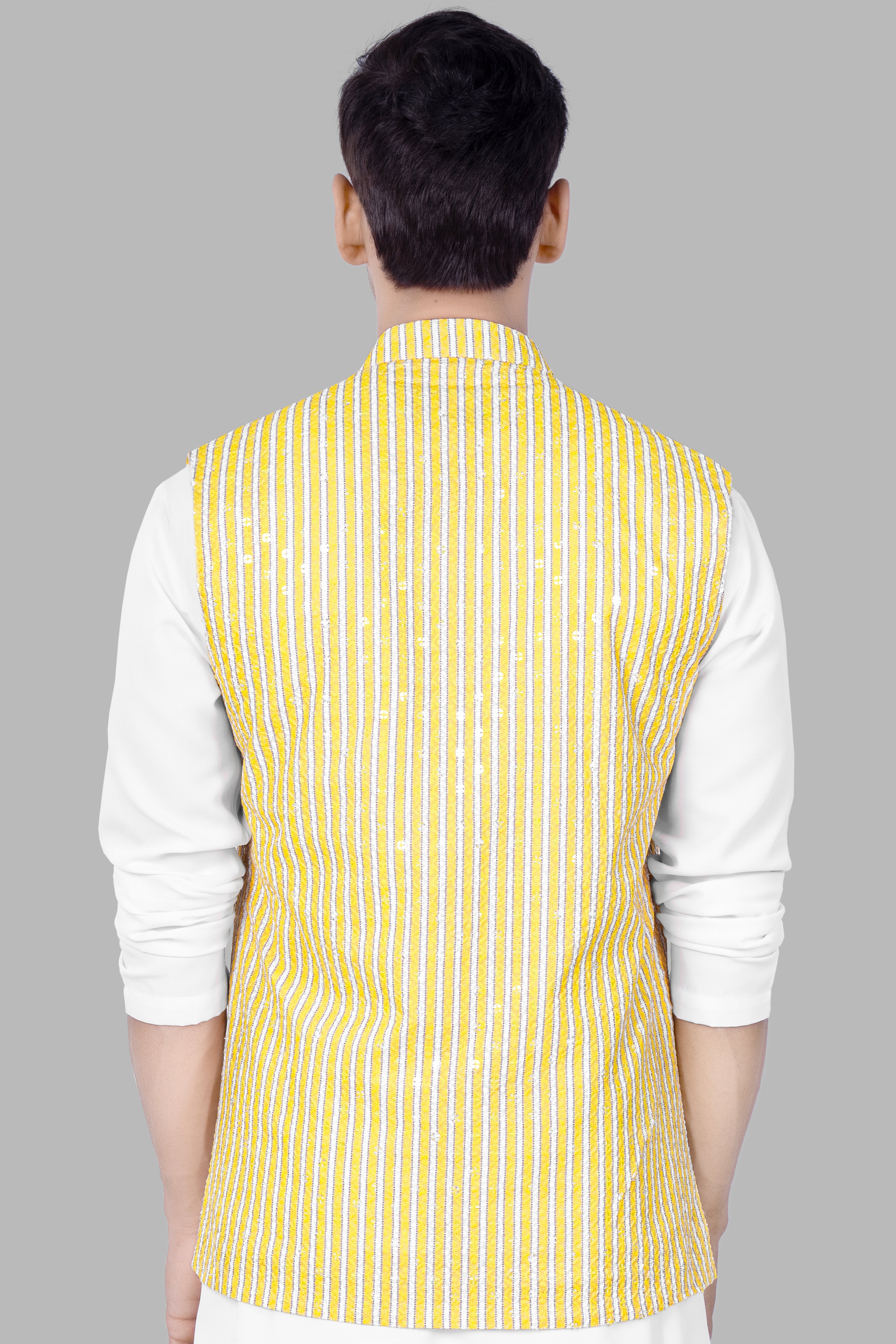 Drover Yellow And Bright White Striped Designer Thread Embroidered Nehru Jacket