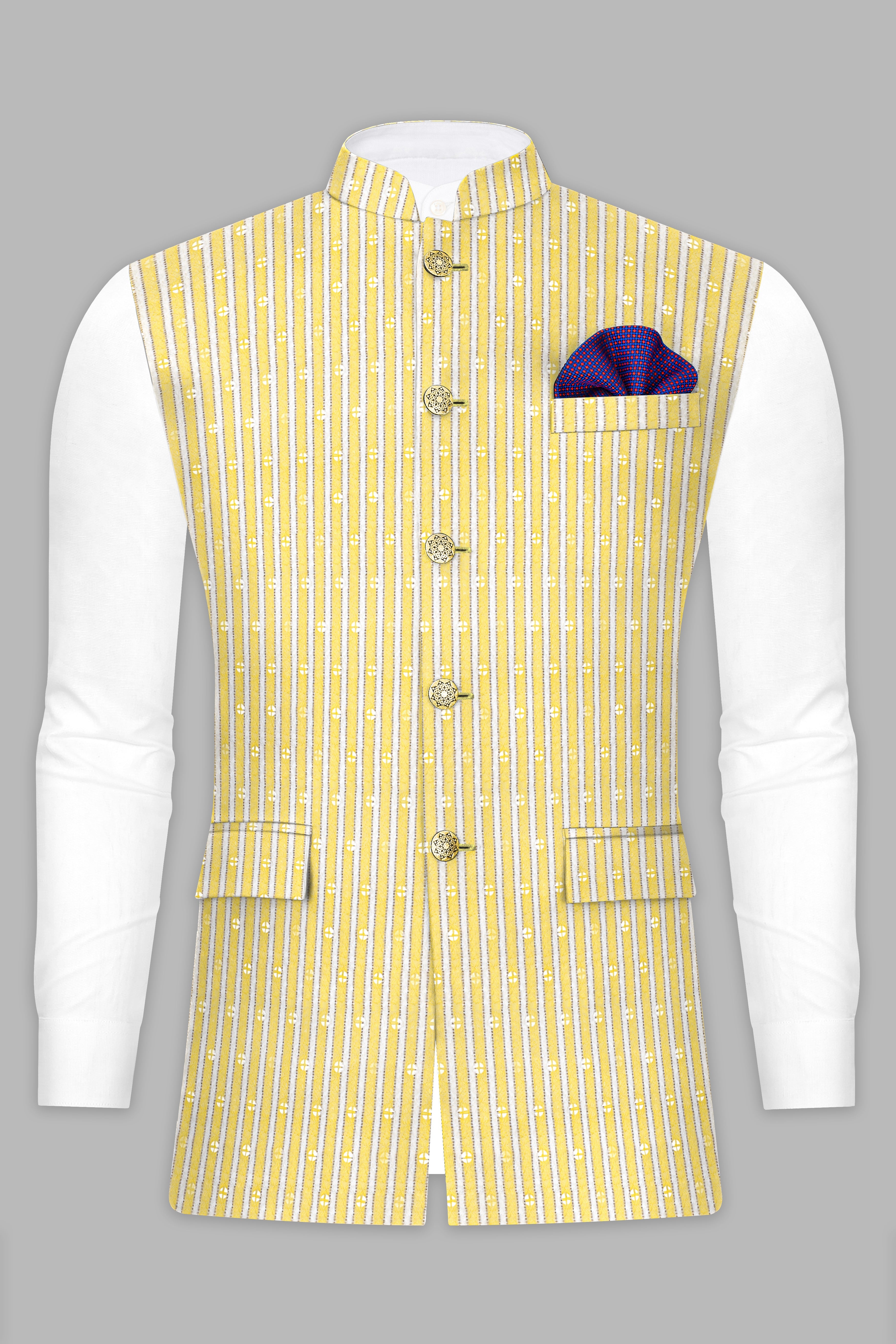Drover Yellow And Bright White Striped Designer Thread Embroidered Nehru Jacket