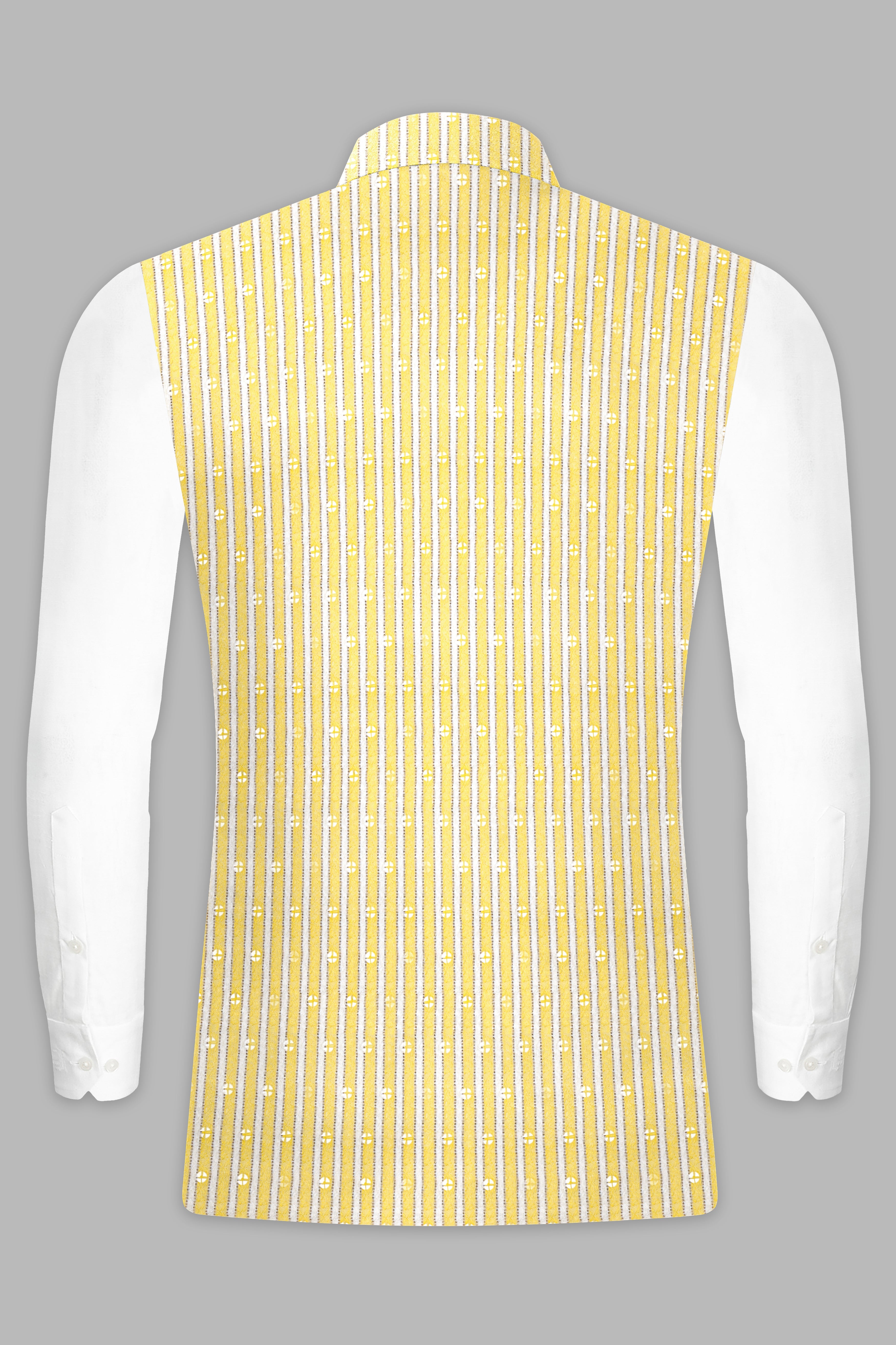 Drover Yellow And Bright White Striped Designer Thread Embroidered Nehru Jacket