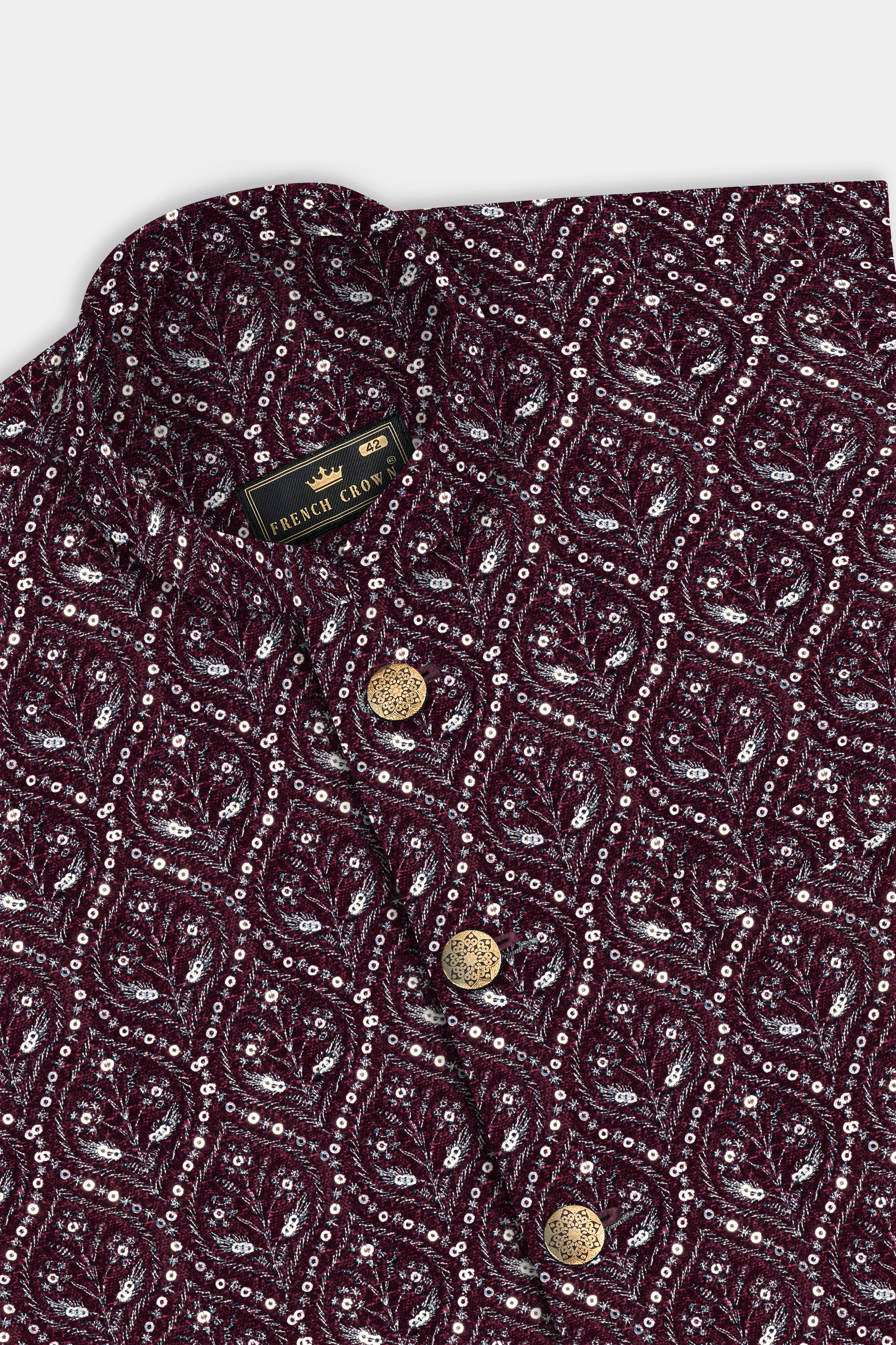 Aubergine Maroon With Sequins And Thread Embroidered Nehru Jacket