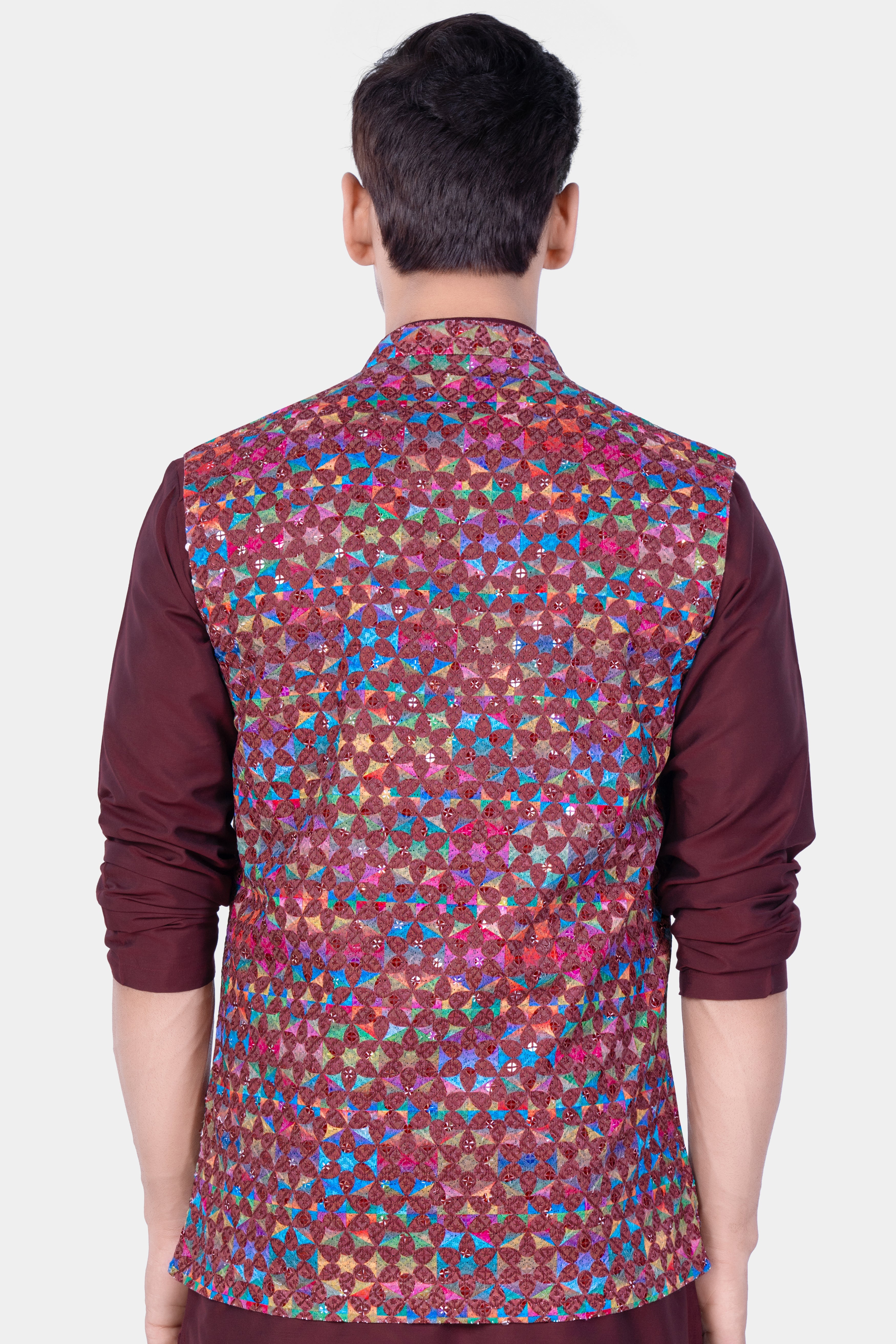 Cordovan Brown And Trendy Purple Multicolour Embroidered Nehru Jacket