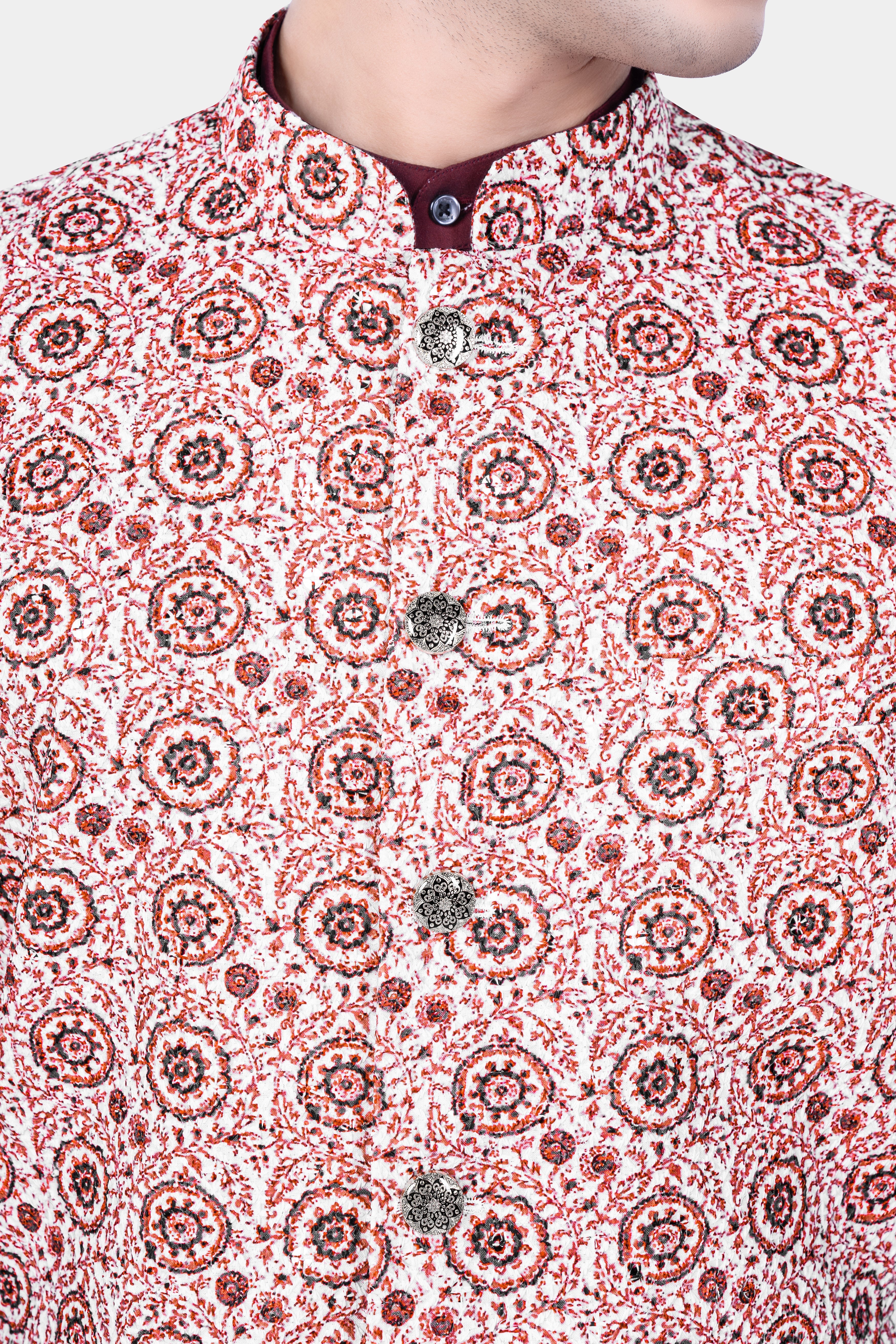 Copper Rust Brown And Bright White Embroidered Nehru Jacket