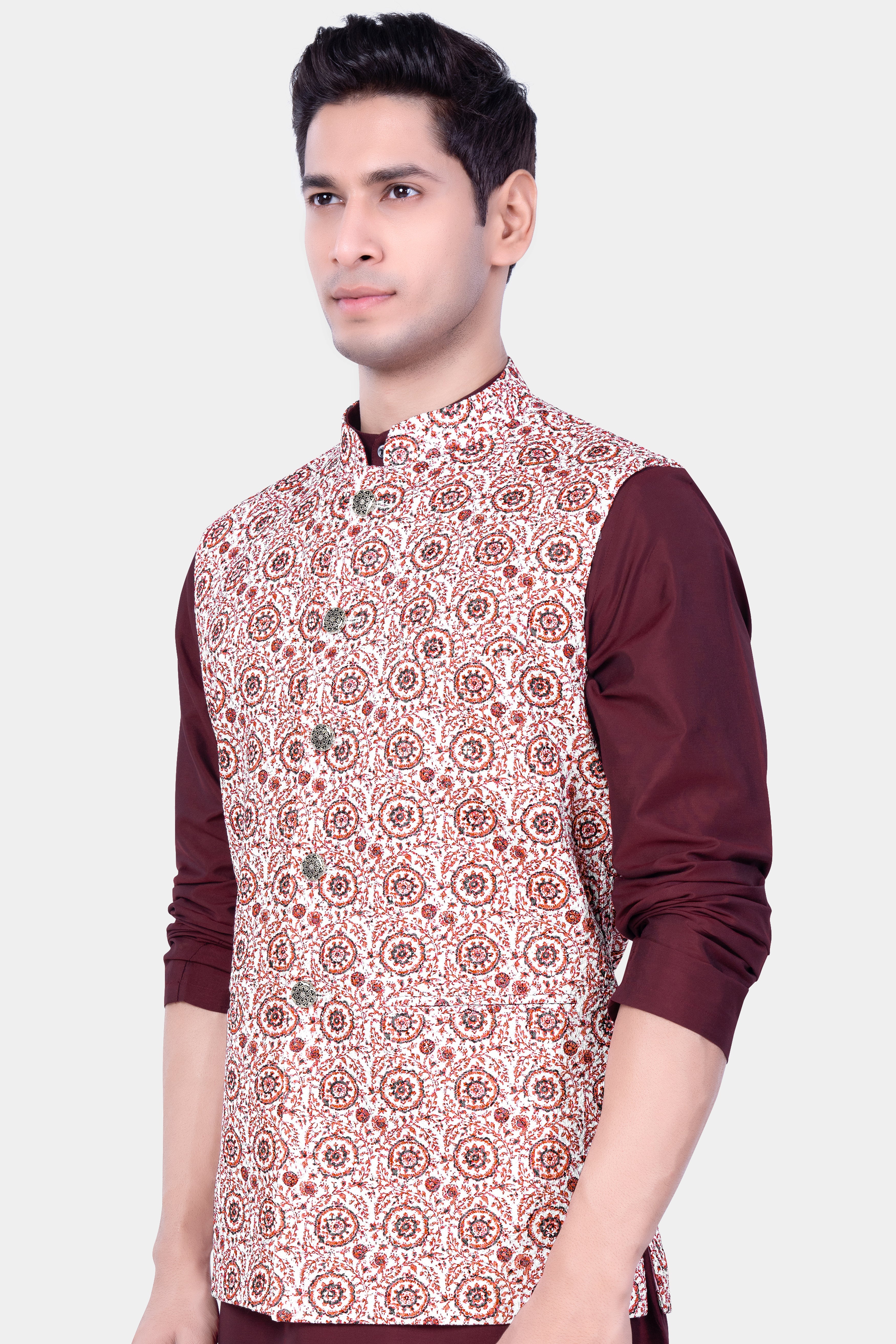 Copper Rust Brown And Bright White Embroidered Nehru Jacket