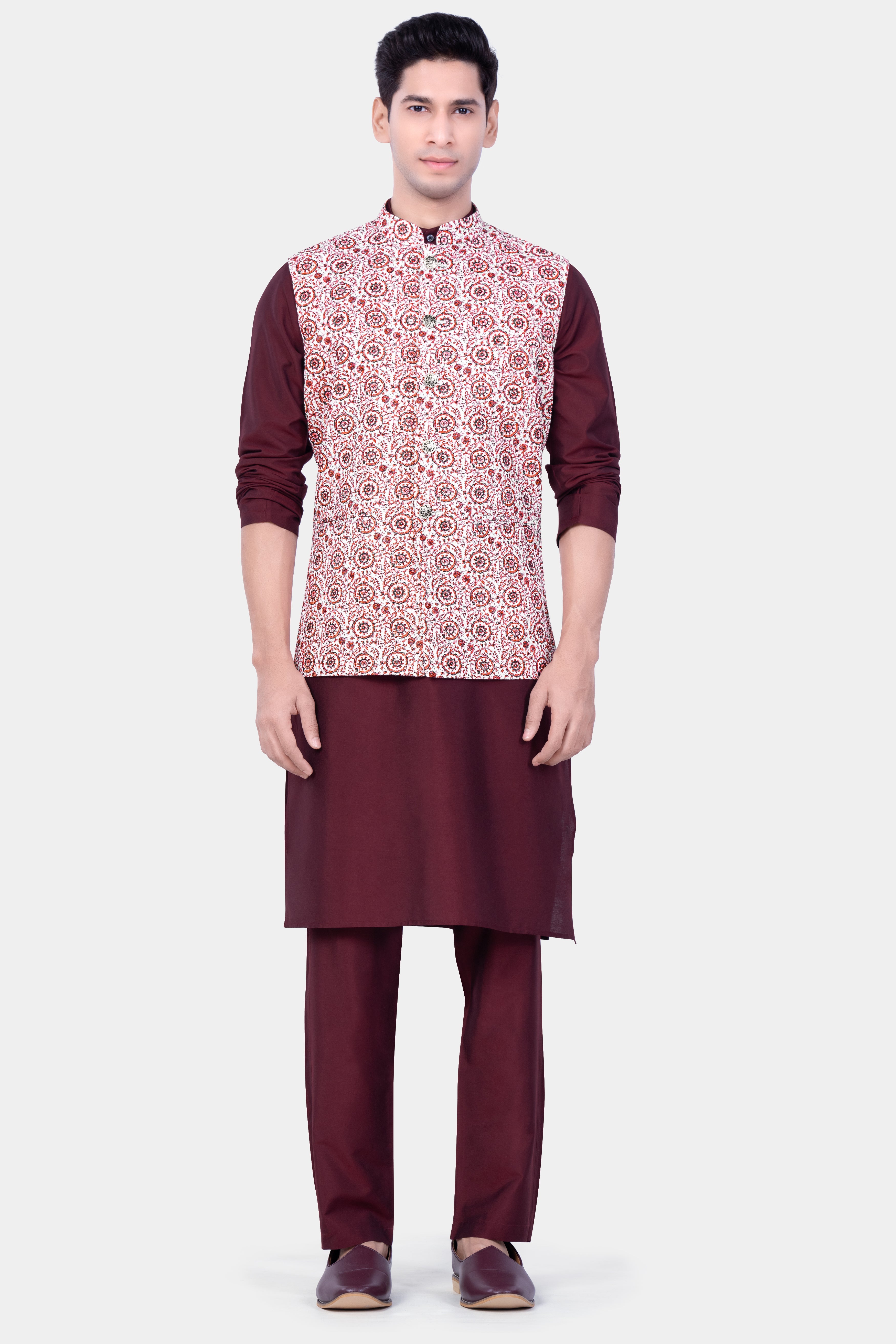 Copper Rust Brown And Bright White Embroidered Nehru Jacket