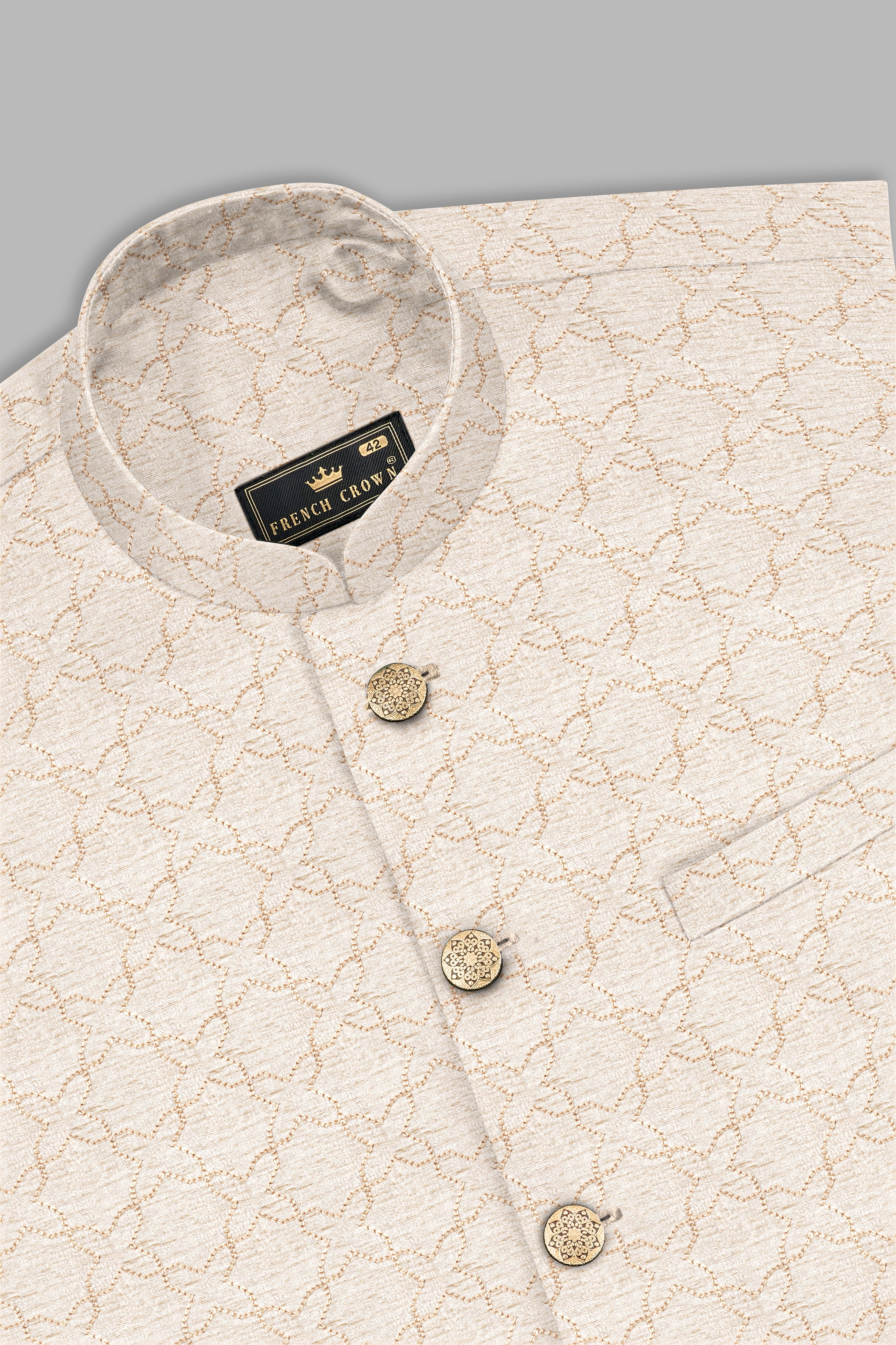 Pearl Bush Cream hexagon Designer Embroidered Nehru Jacket
