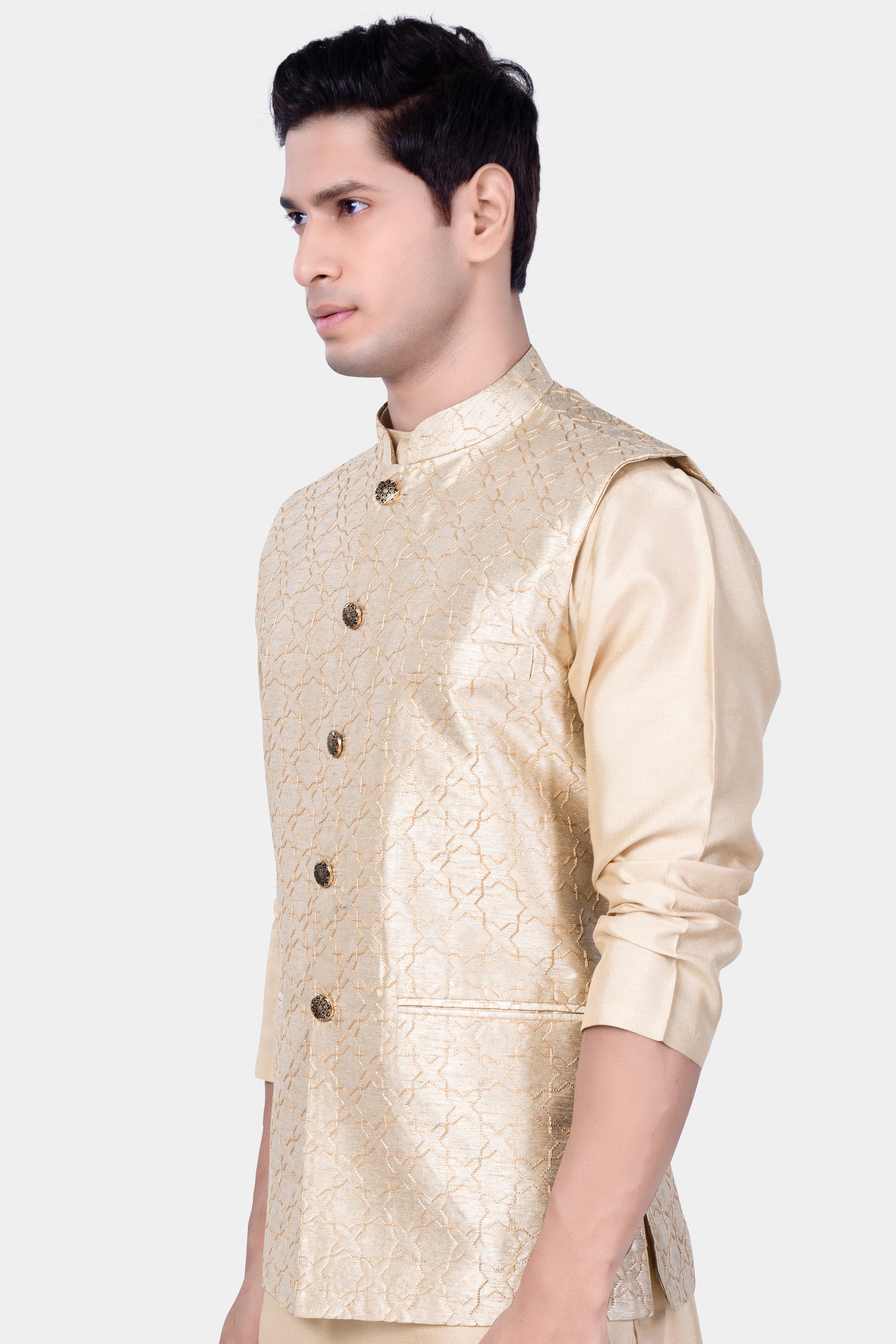 Pearl Bush Cream hexagon Designer Embroidered Nehru Jacket