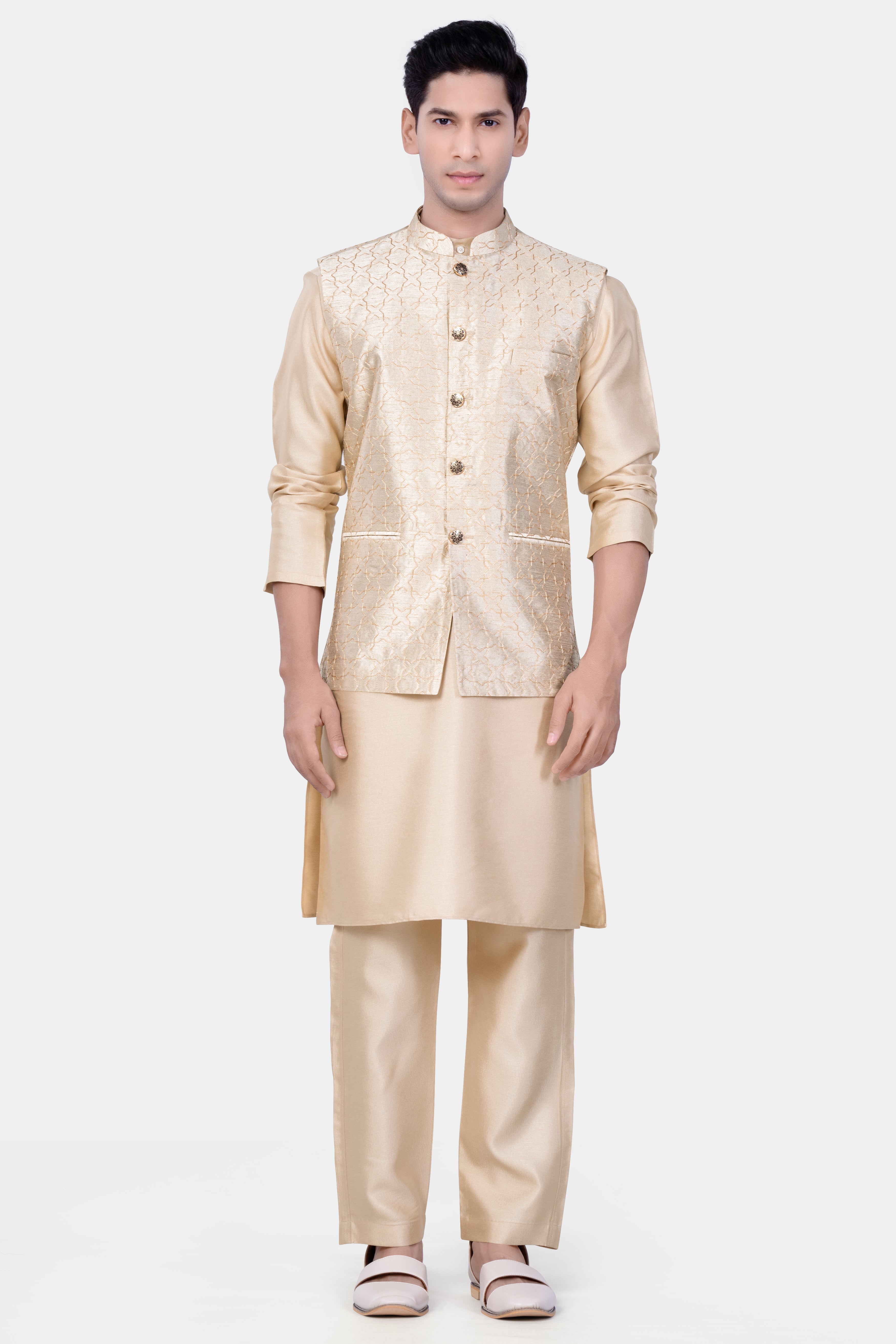 Pearl Bush Cream hexagon Designer Embroidered Nehru Jacket